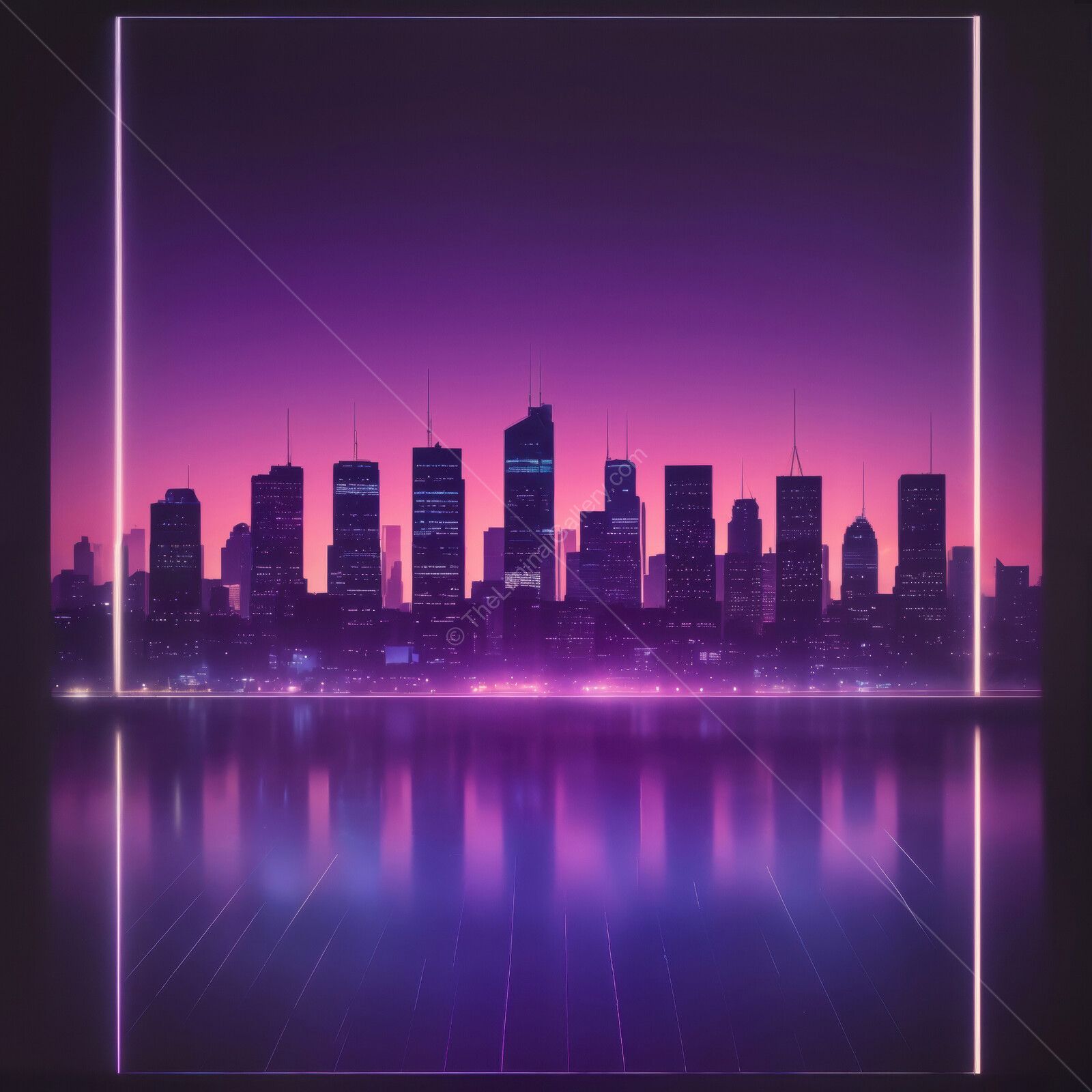 Synthwave city skyline reflects vibrant hues at dusk near the water under a purple sky