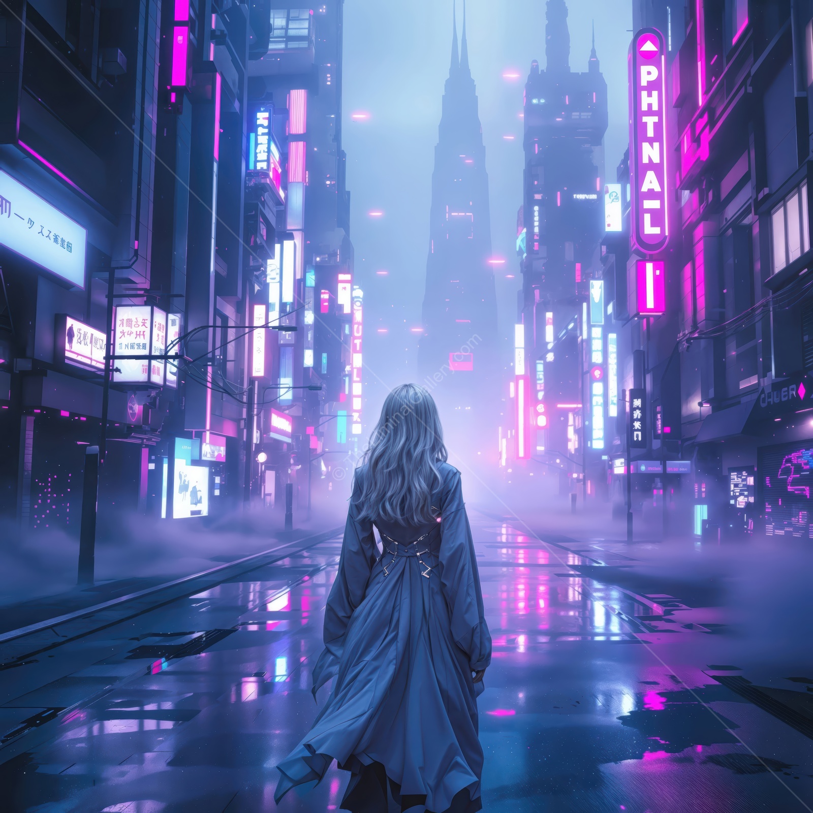 Exploring the neon-lit streets of a futuristic city at night with towering buildings and vibrant colors