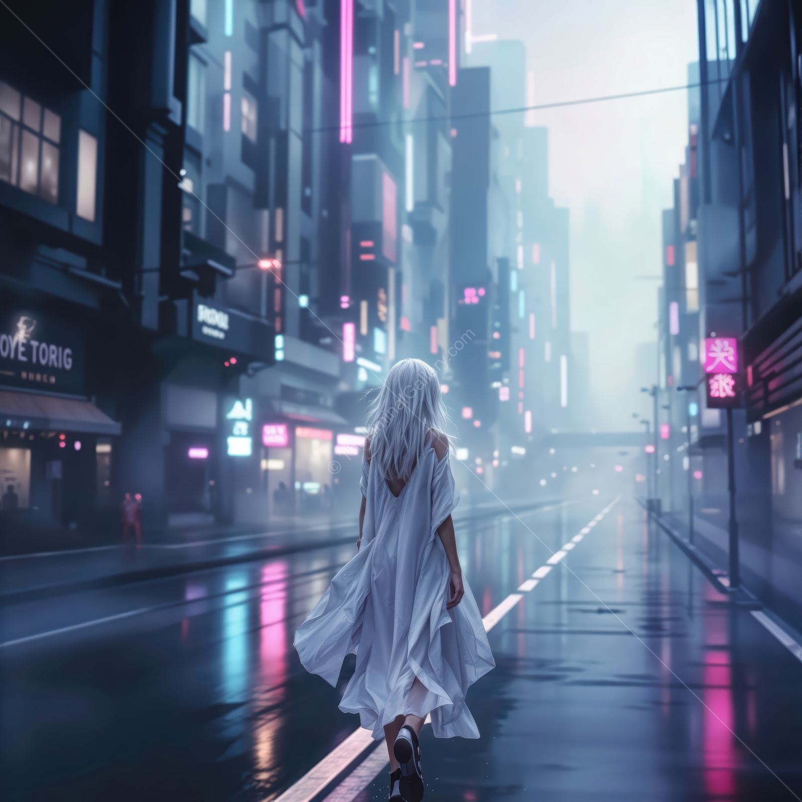 Surreal wanderer in a neon-lit cityscape at dusk capturing an ethereal atmosphere