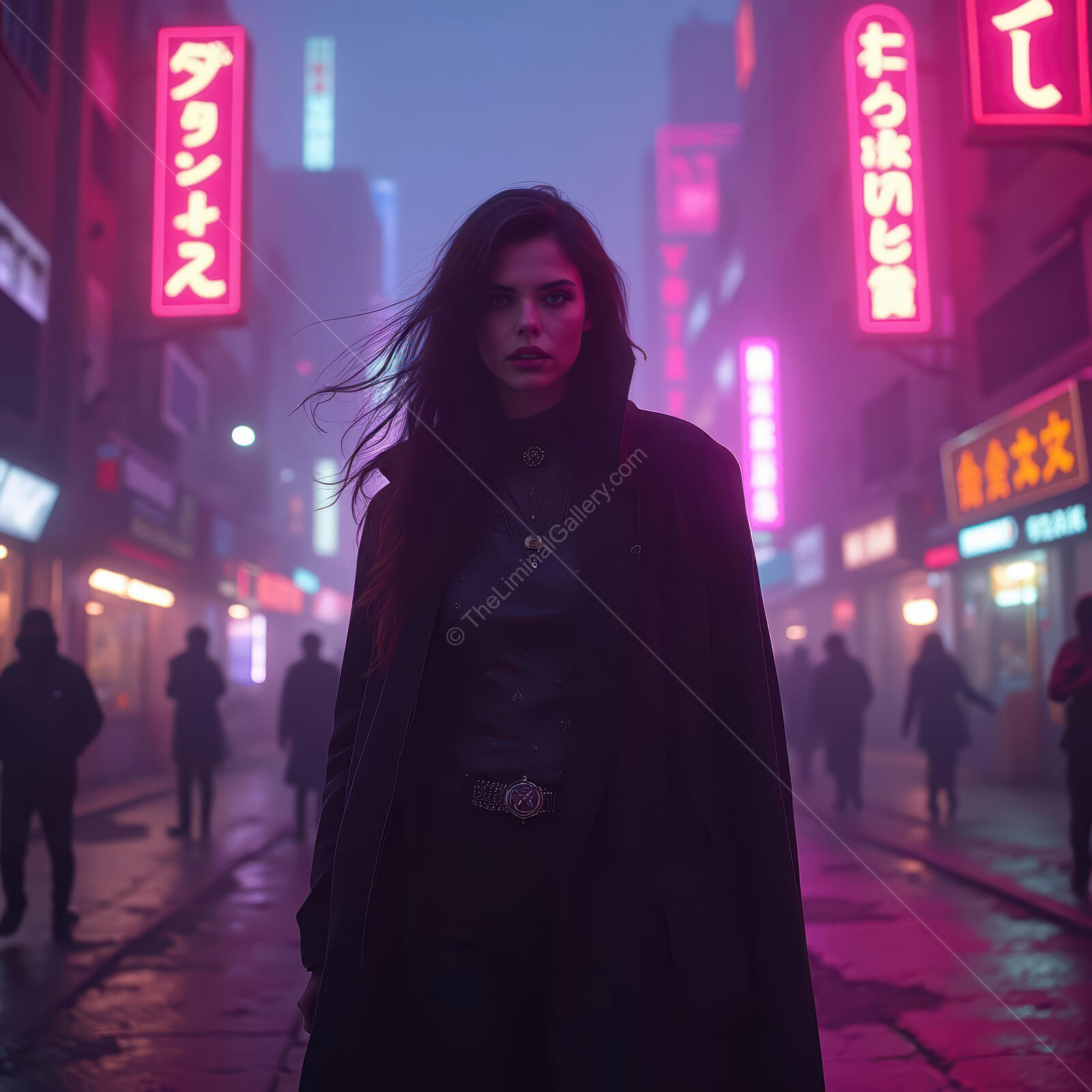 Mystical woman in a neon-lit city under the night sky surrounded by vibrant reflections and shadows