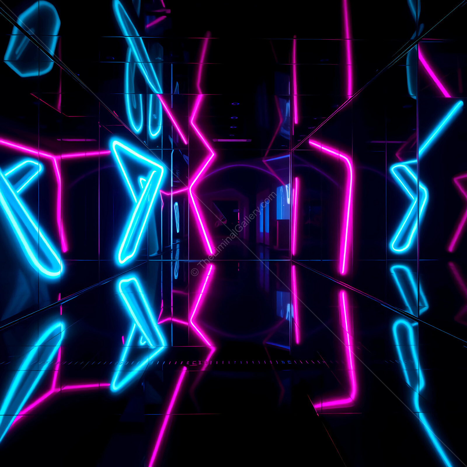 Neon colors illuminate a futuristic synthwave corridor at night in a vibrant digital landscape