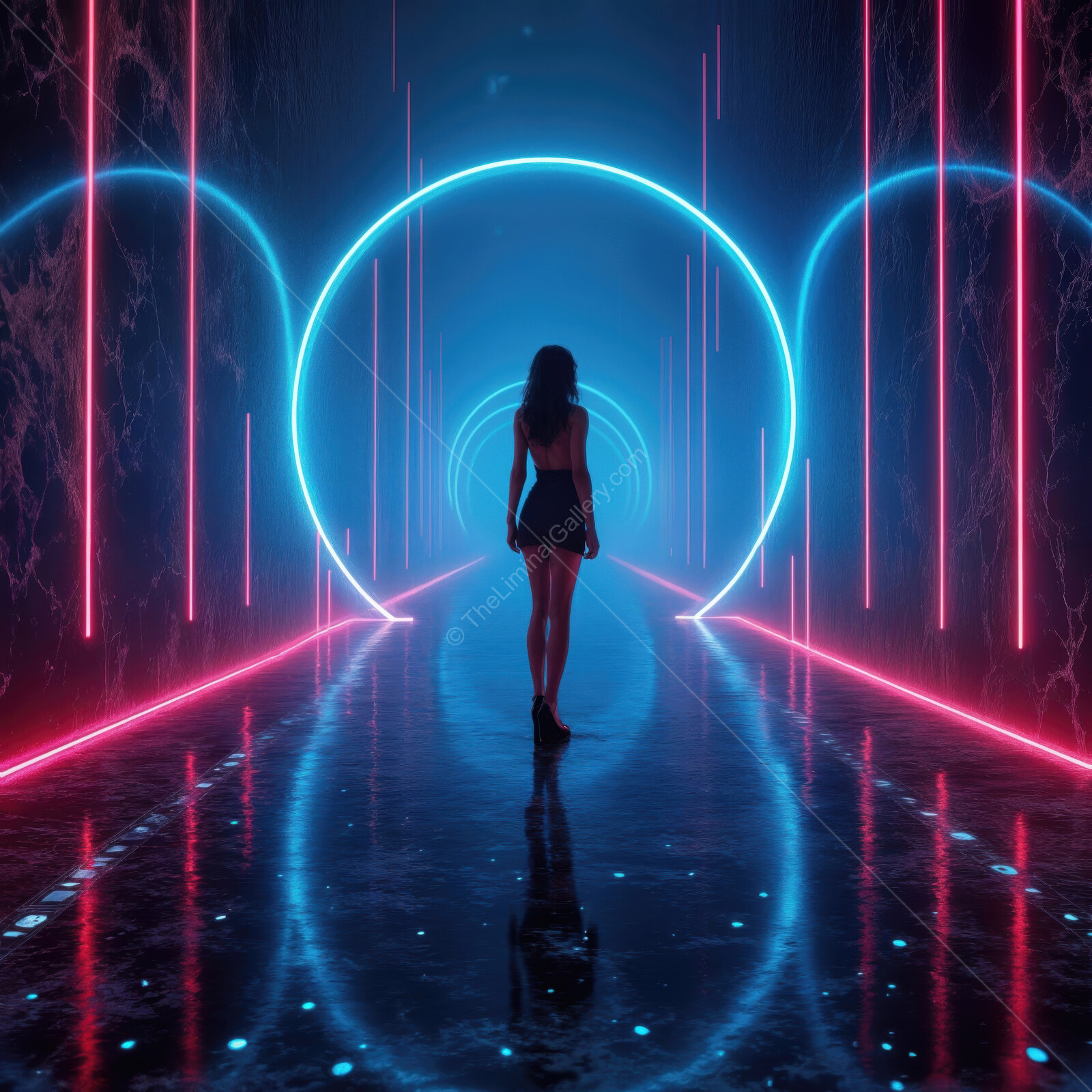 Walking through a vibrant neon-lit corridor in an artistic digital world at night