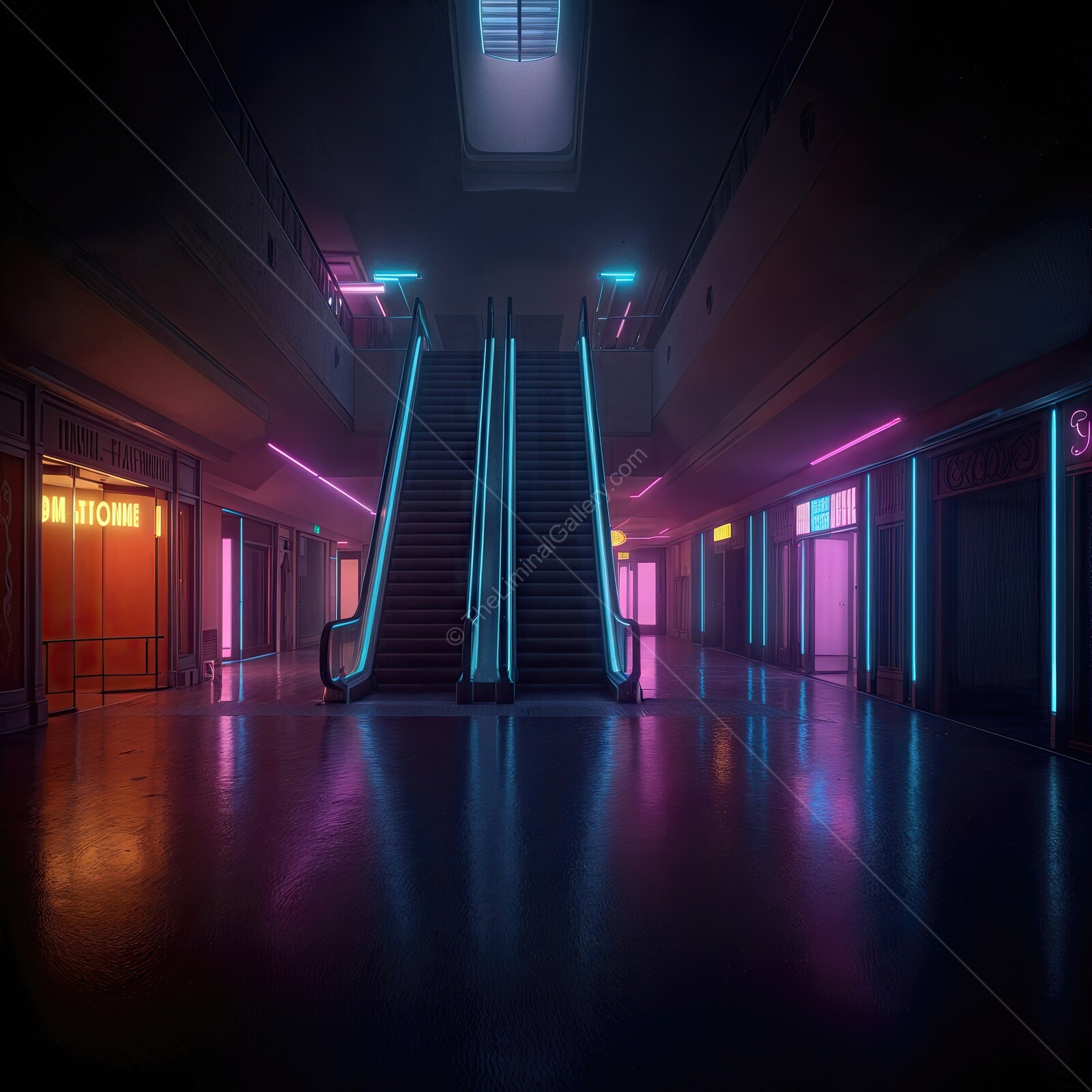Vibrant synthwave neon-lit corridor with glowing escalators amidst a bustling urban setting