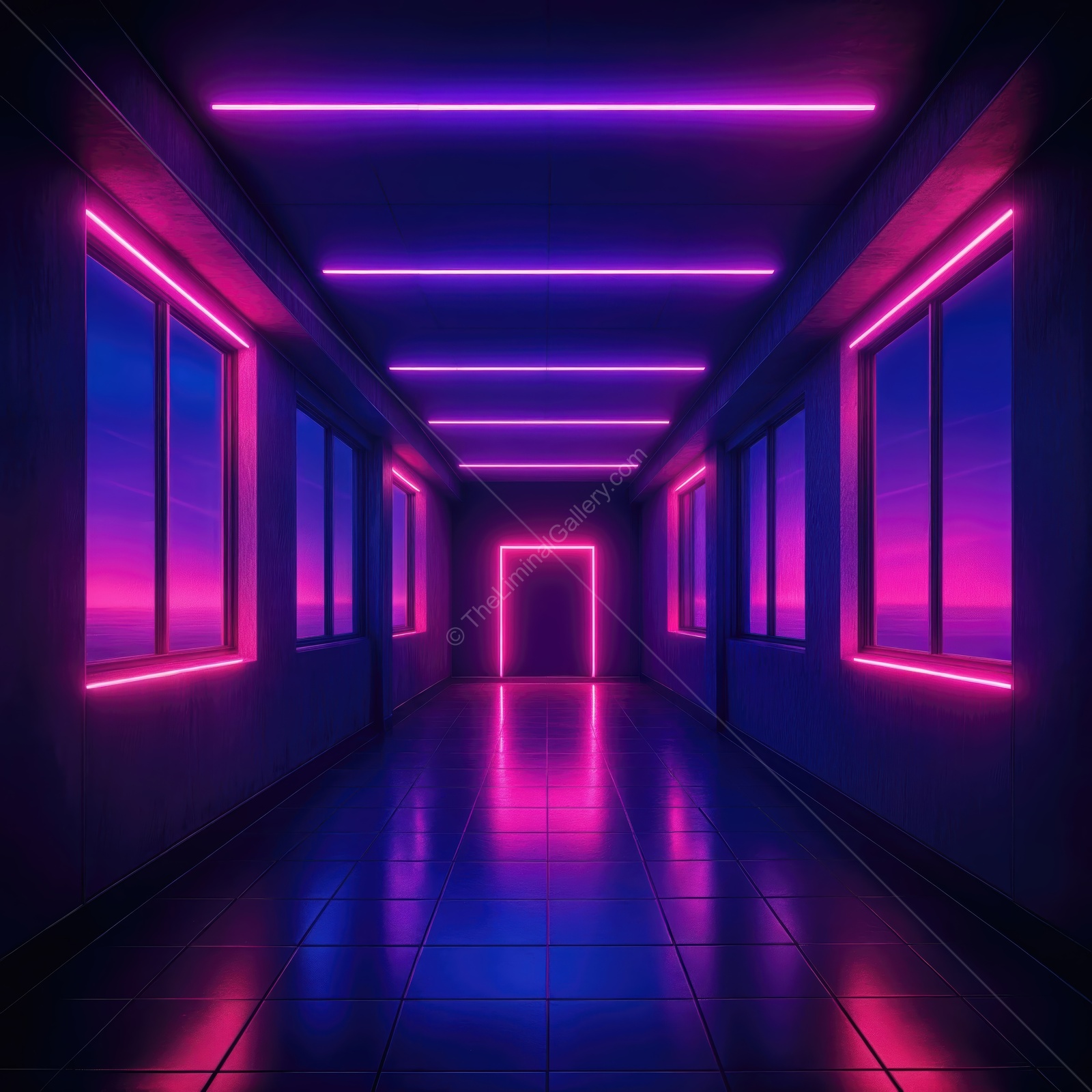 Bright neon corridor with vibrant purple and pink lights illuminating a futuristic space