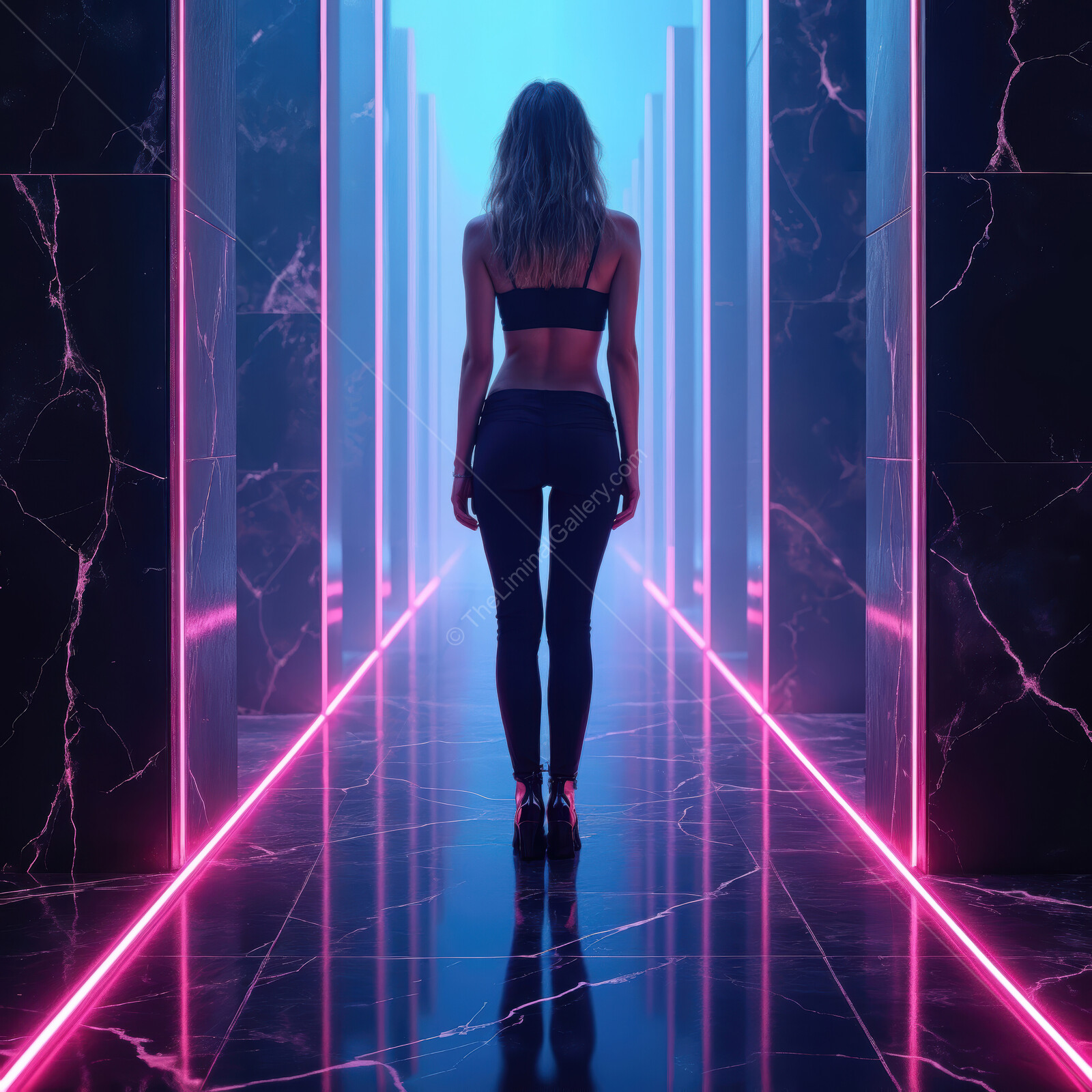 Sleek figure walks through a neon-lit corridor of vibrant colors and reflections
