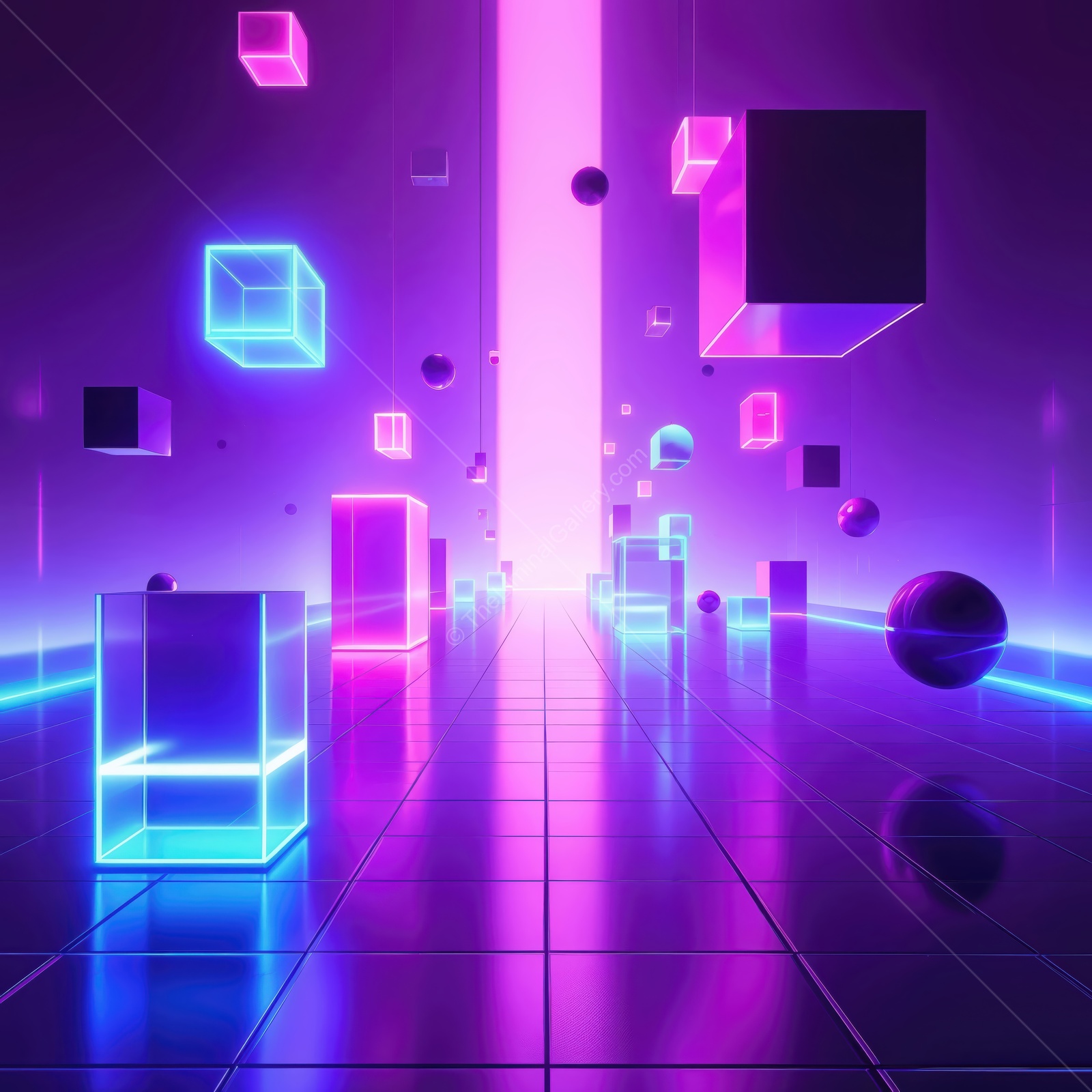 Neon cubes and spheres create a futuristic landscape in vibrant colors and reflections