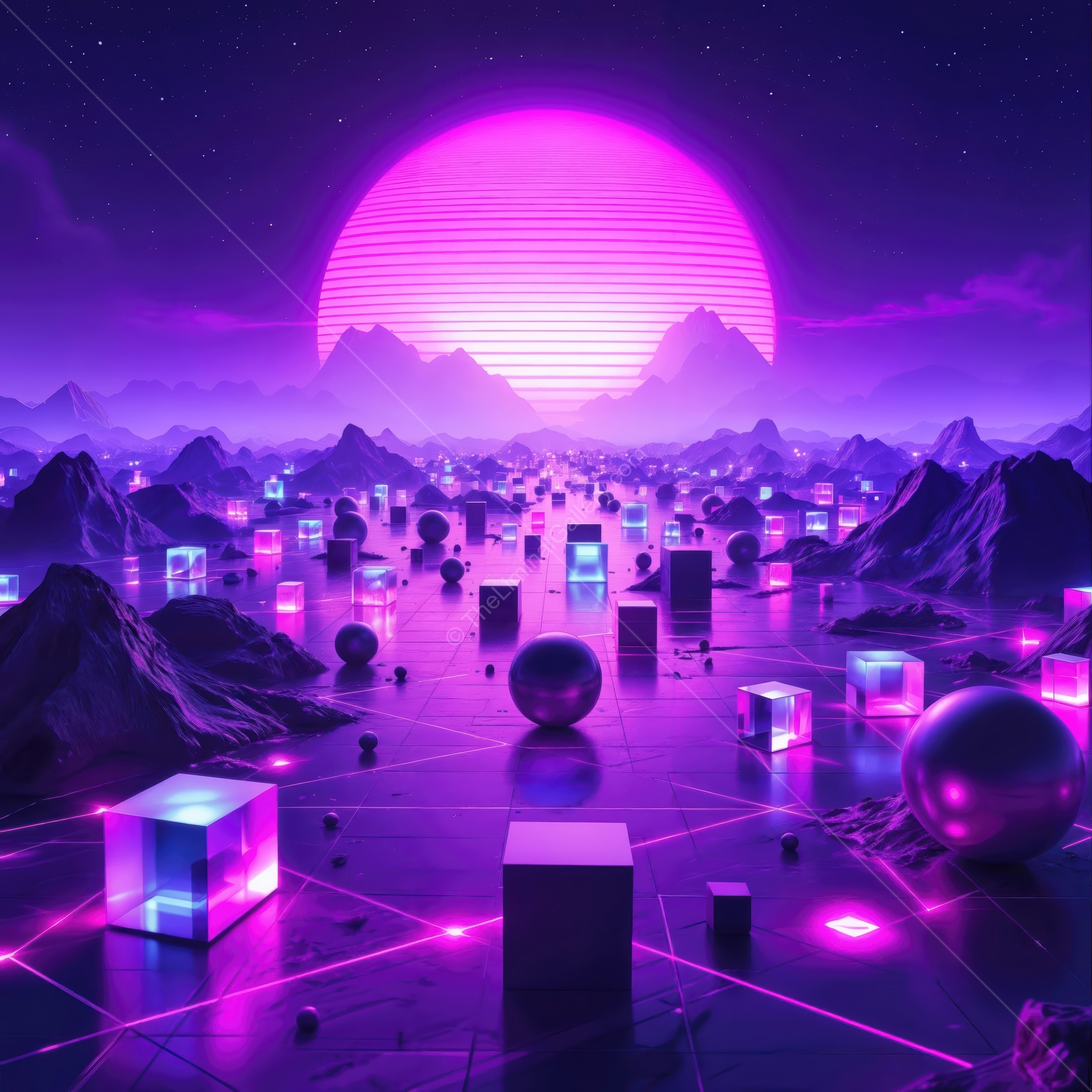 Vibrant neon landscape with glowing cubes and spheres beneath a surreal purple sun