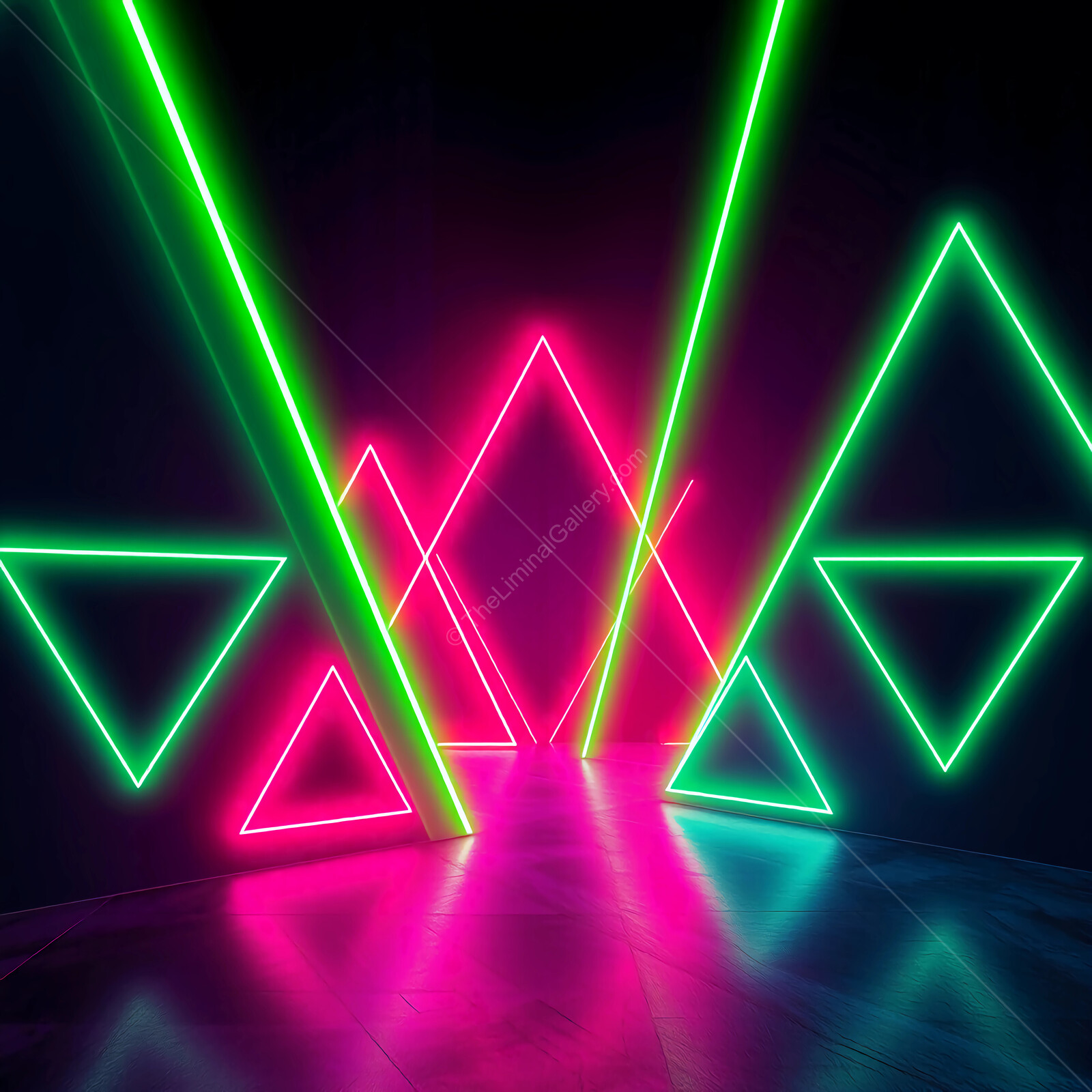 Neon triangles illuminate a futuristic dance space with vibrant colors and glowing lines