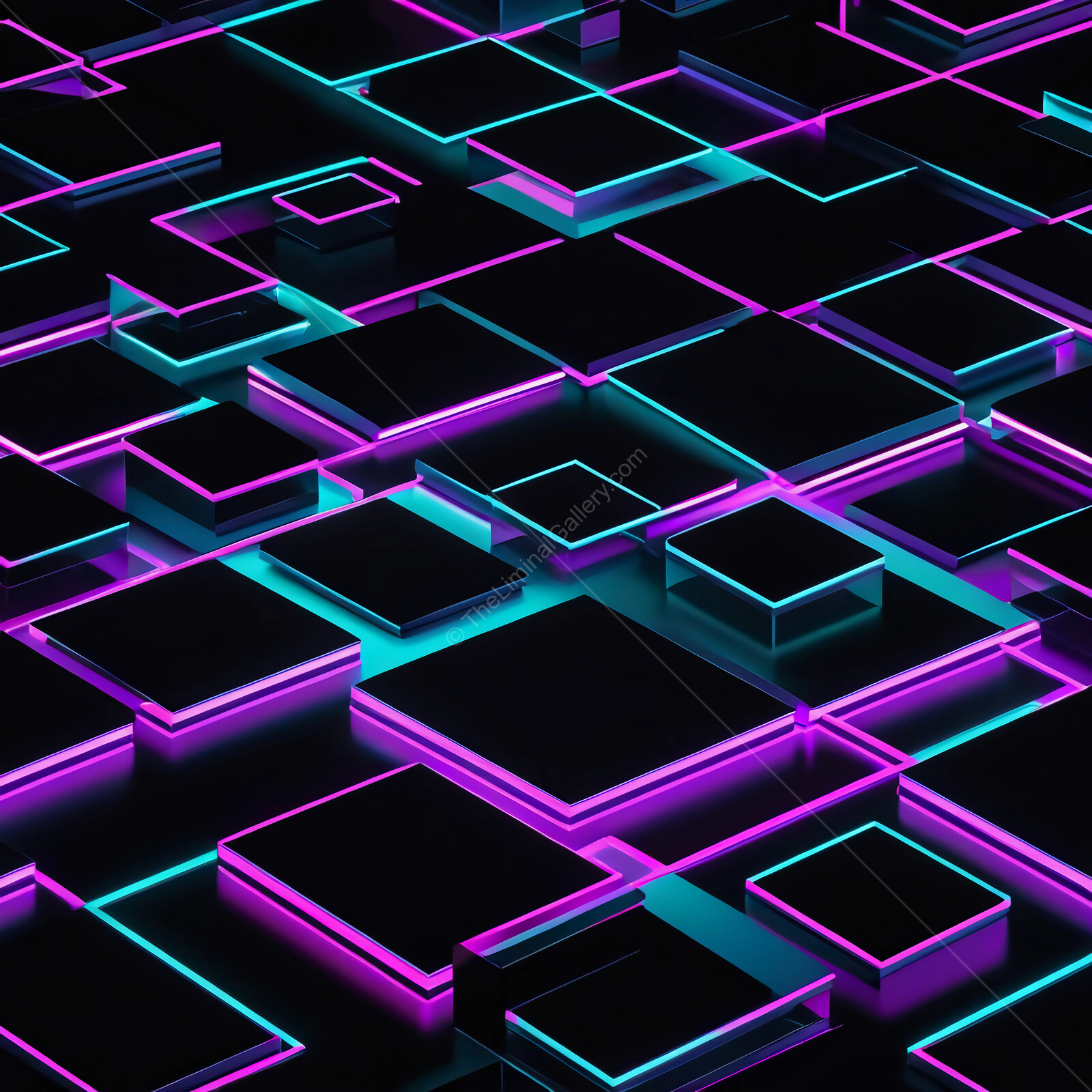 Vibrant synthwave geometric patterns glow in neon colors against a dark background at a digital exhibition