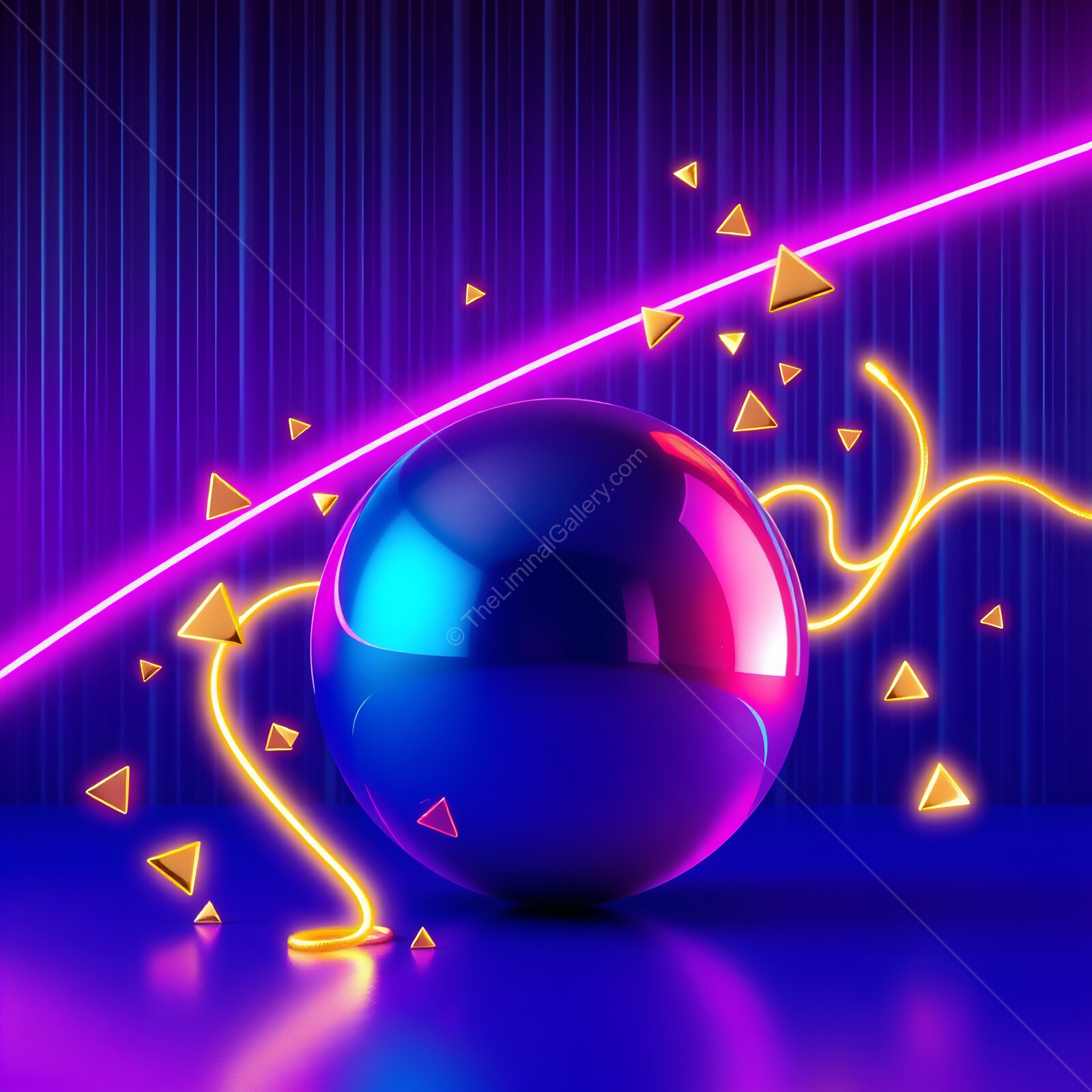 Vibrant 80s pinball neon reflections with geometric forms under captivating purple lighting