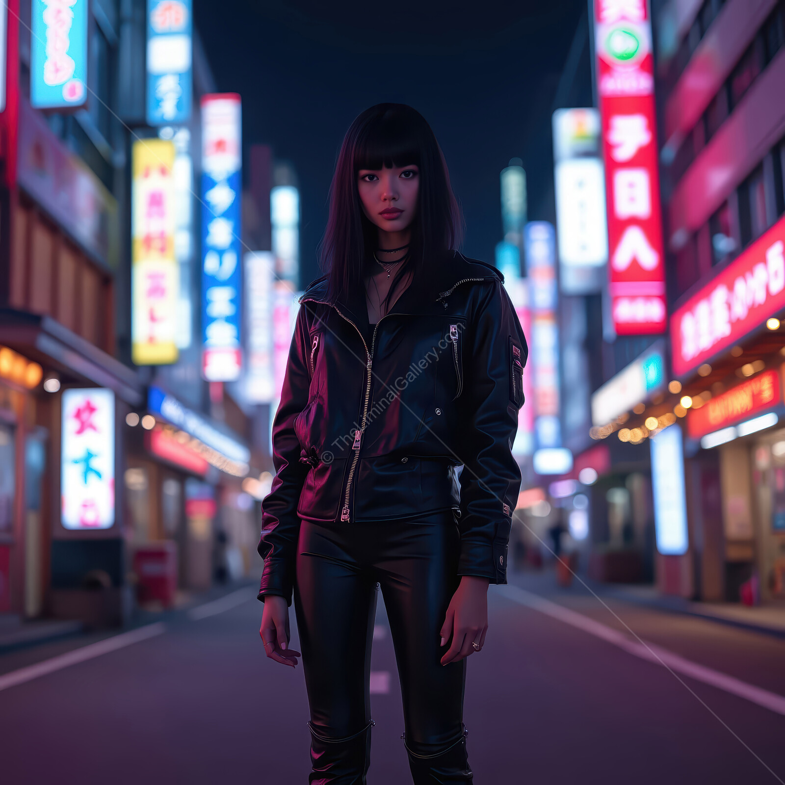Striking urban fashion contrast in neon-lit street at night showcasing a confident figure