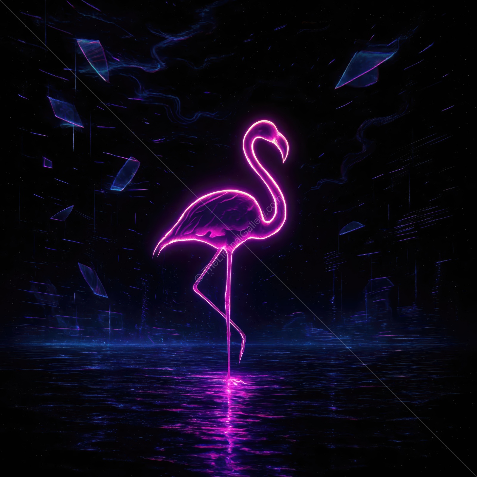 Flamingo in neon glow creating a surreal atmosphere in a dark, reflective environment