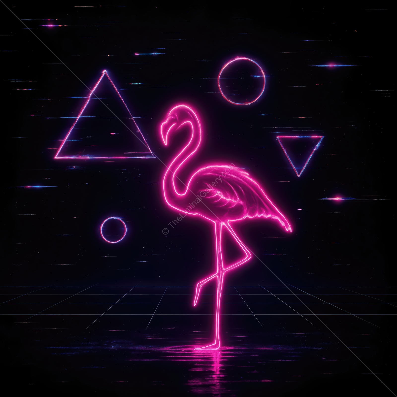 Neon flamingo stands tall in a digital landscape filled with geometric shapes at night