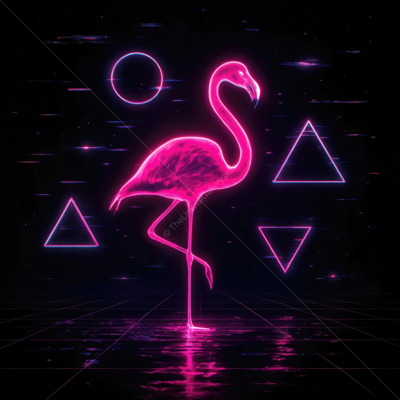 Vibrant flamingo illuminated in neon pink against a dark, geometric backdrop sparking imagination and creativity