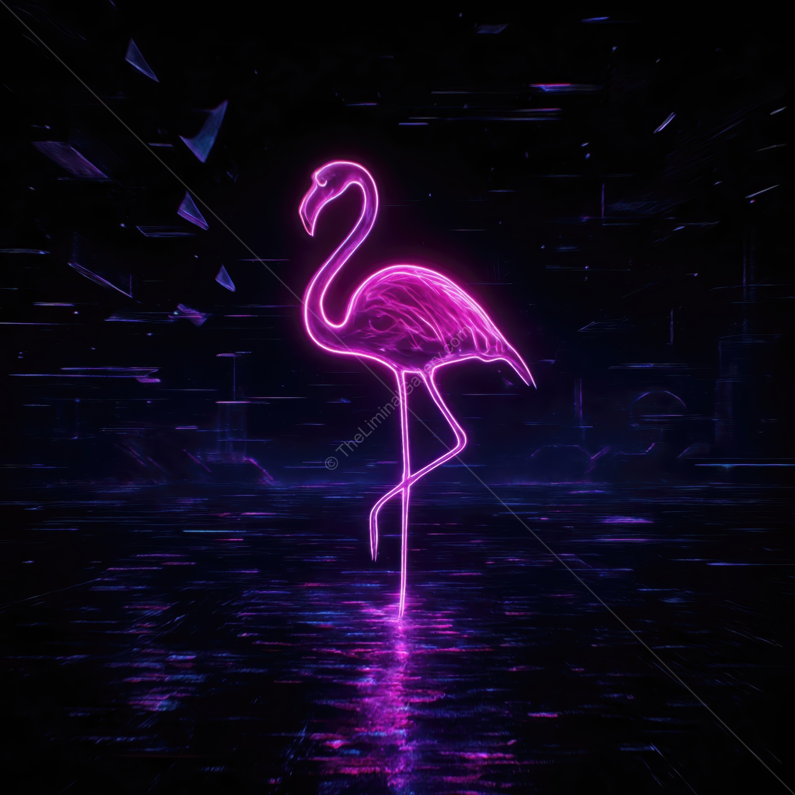 Vibrant neon flamingo standing in reflective water at night, illuminated by glowing lights and surrounded by a dark, mysterious atmosphere
