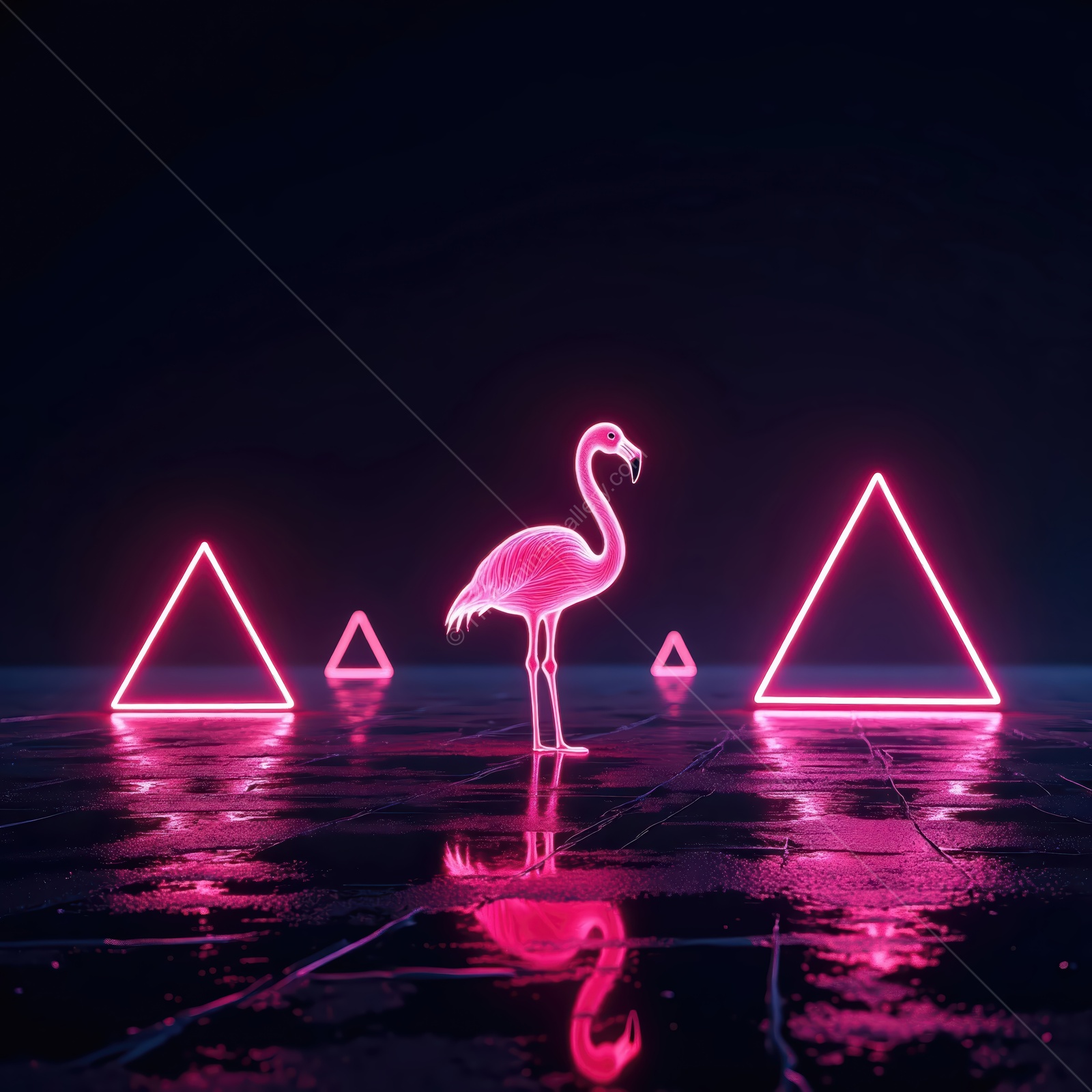 Neon flamingo stands tall amidst glowing geometric shapes in dark setting