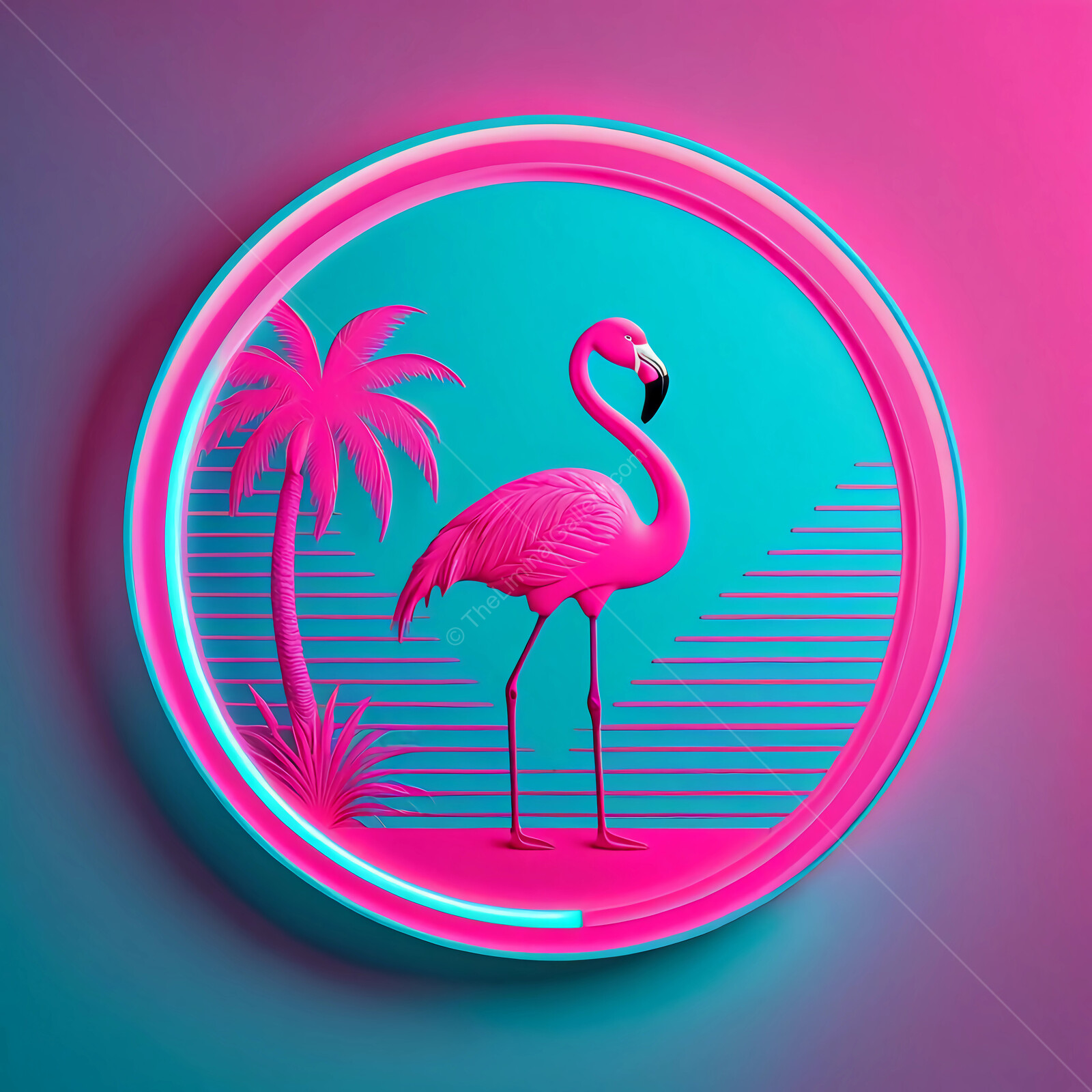 Vibrant tropical sunset featuring a flamingo and palm trees in a neon-inspired dreamscape