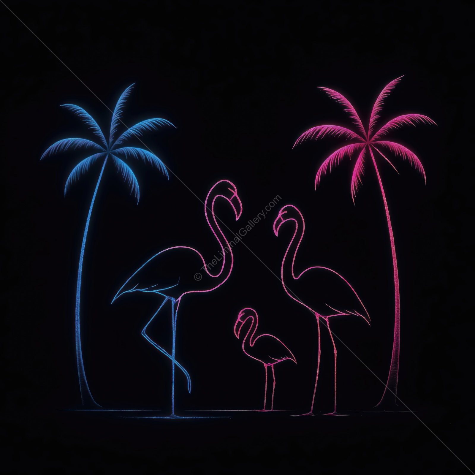 Neon flamingos gathered under palm trees in a vibrant night setting evoking summer vibes