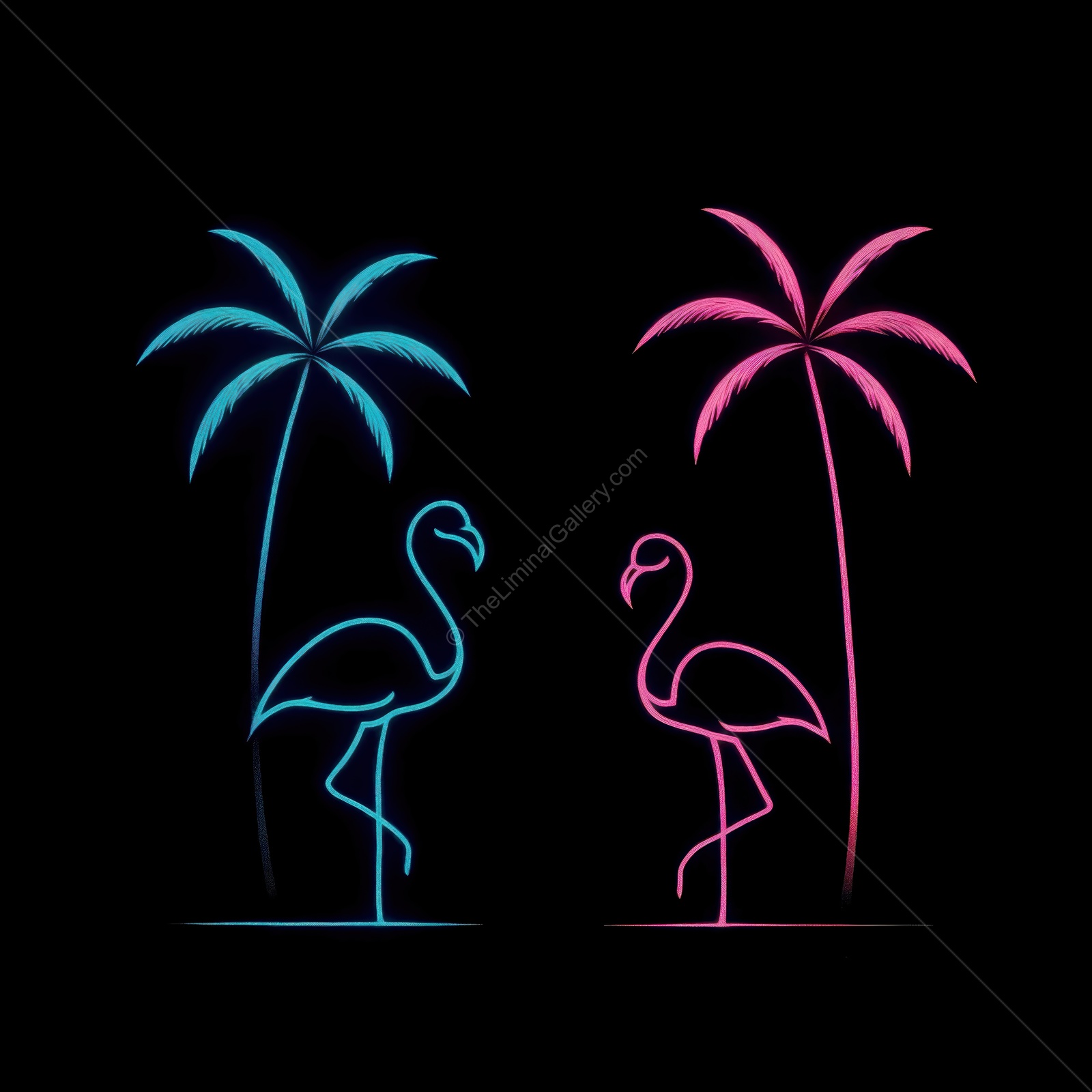Bright neon flamingos and palm trees create a colorful tropical scene at night