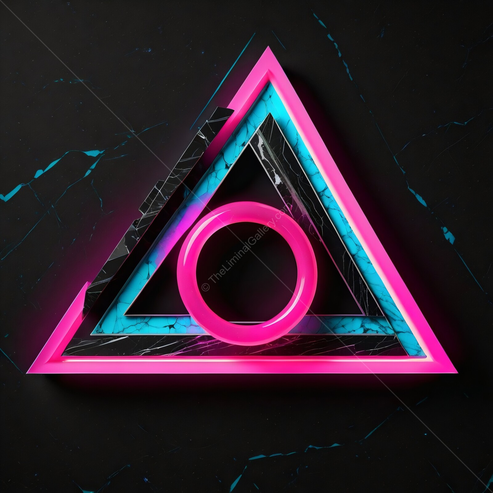 Bold 80s geometric shapes create a striking visual contrast on a dark background at an abstract art exhibit