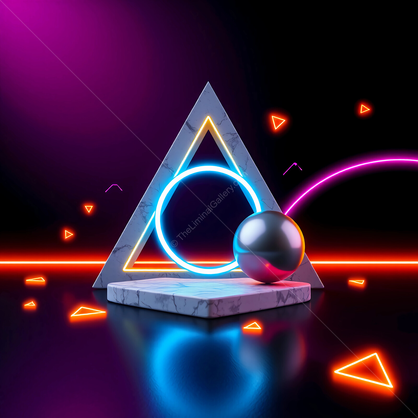 Vibrant 80s pinball geometric shapes illuminated by neon colors create a surreal atmosphere in a digital art composition