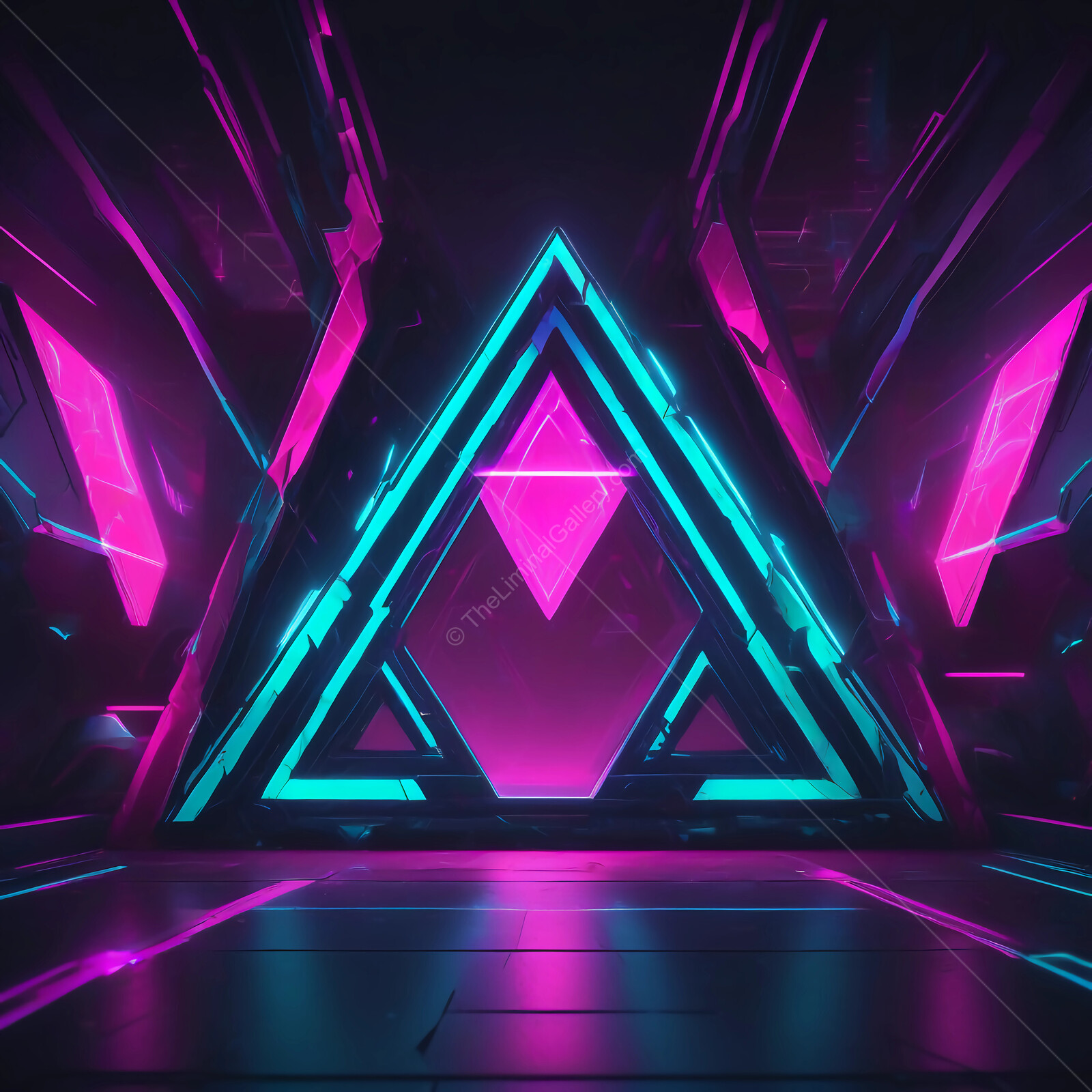 Neon vaporwave geometric shapes illuminate a futuristic digital landscape