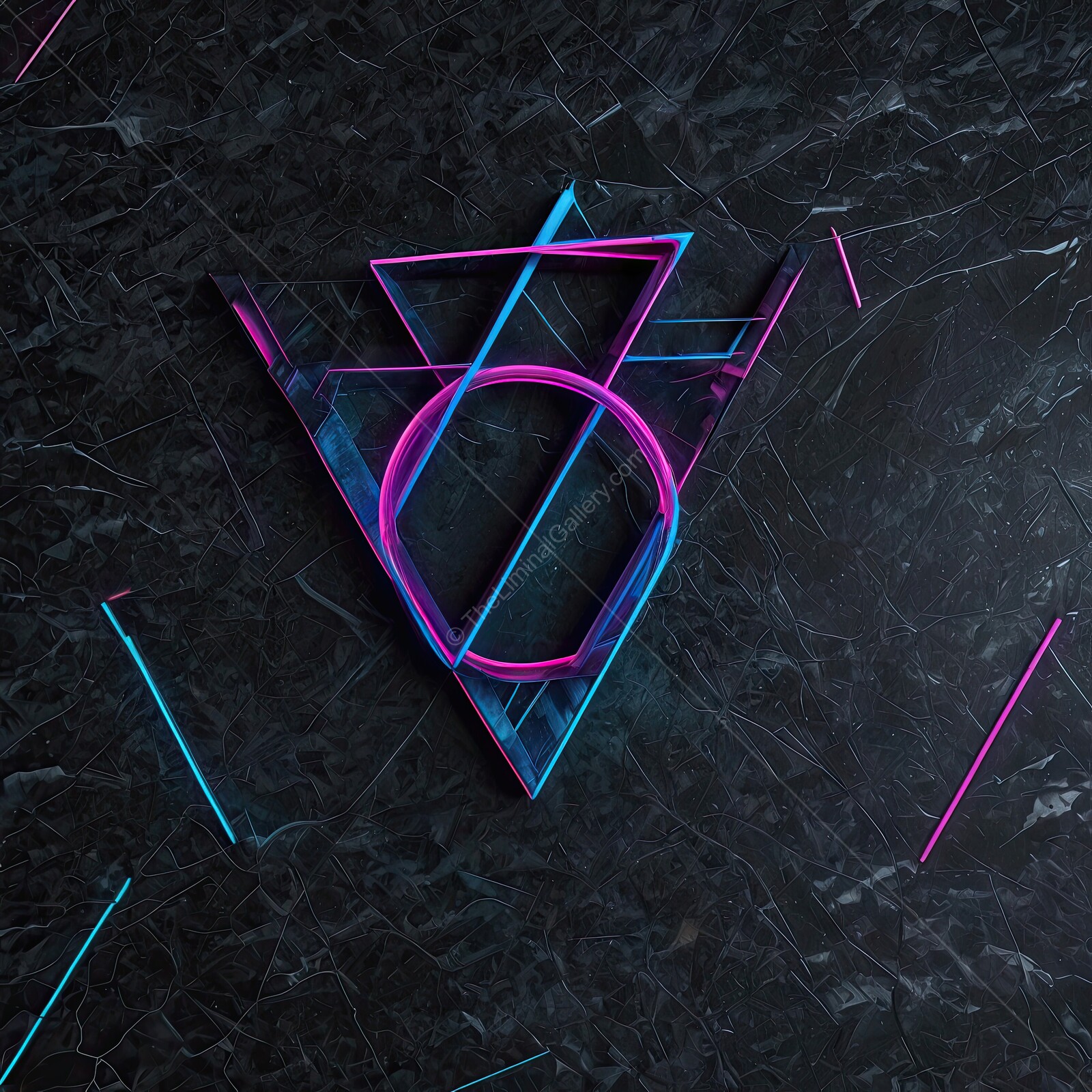 Vibrant 80s geometric patterns illuminate a dark marble backdrop in a surreal artistic composition