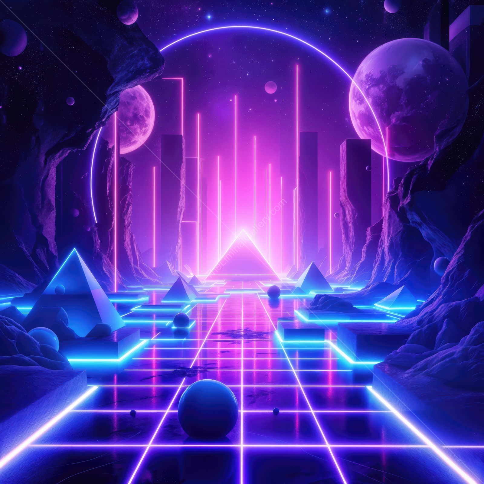 Vibrant neon landscape with geometric shapes, cosmic planets, and glowing pathways in an otherworldly realm