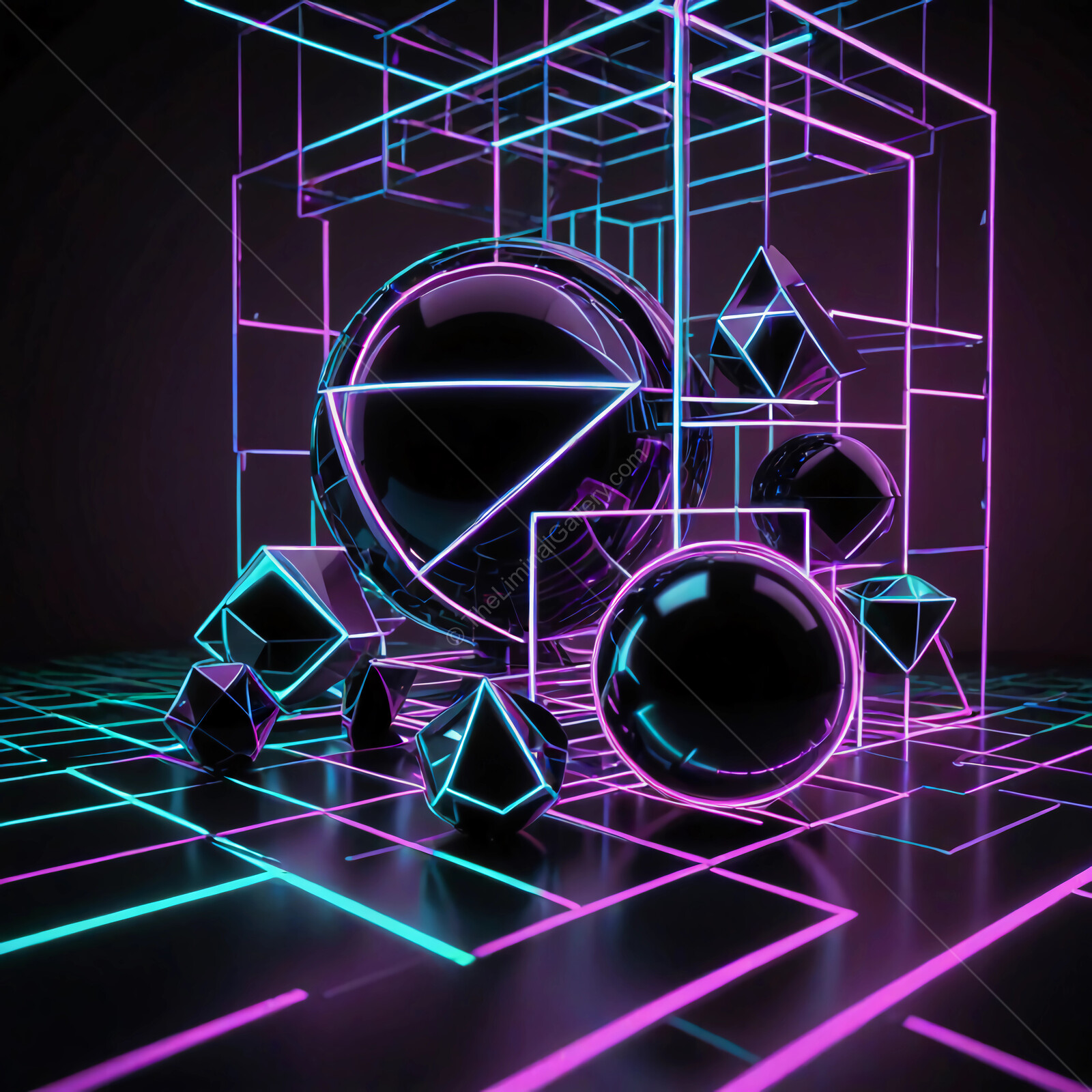 Vibrant geometric shapes illuminate a dark space with neon colors and intricate patterns