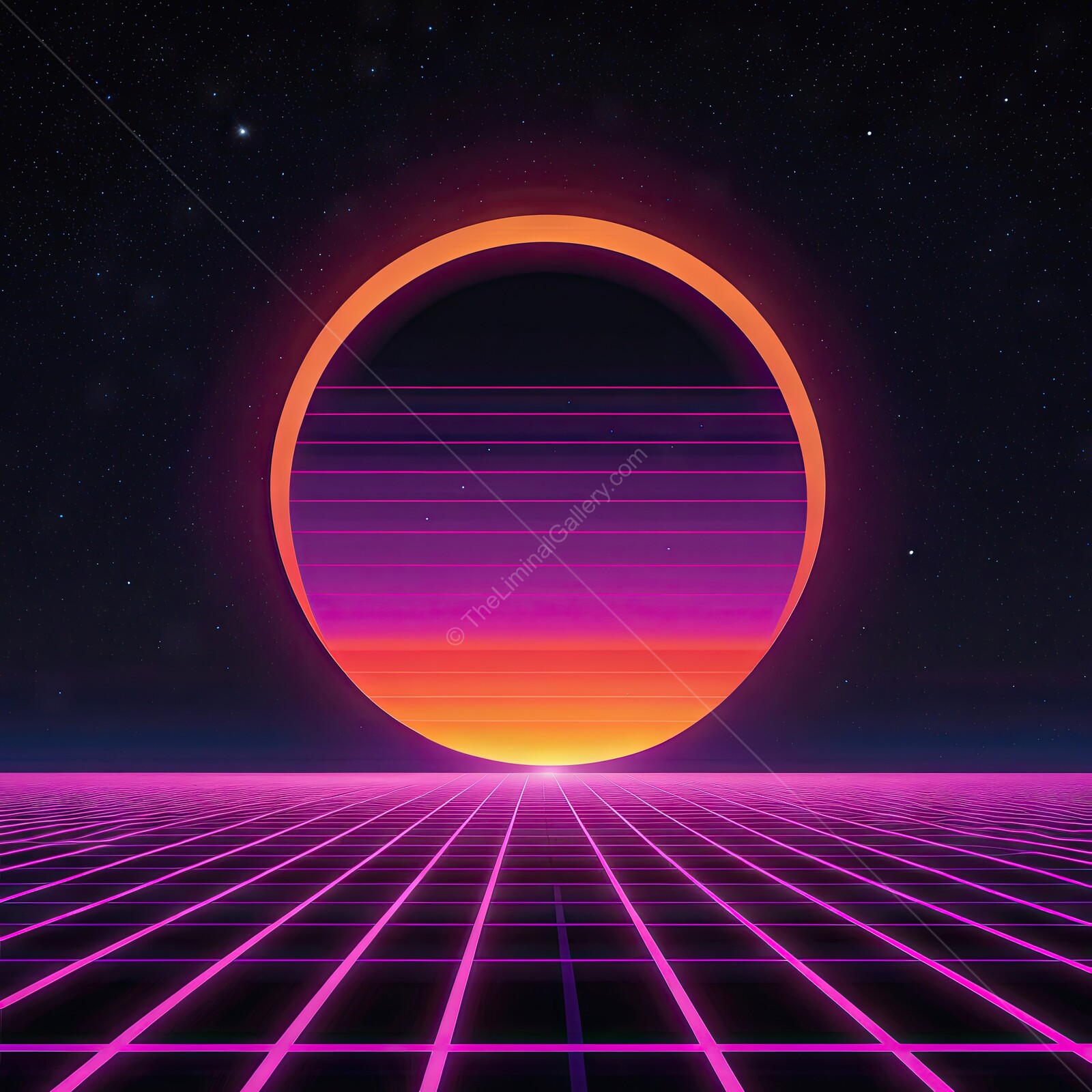 Vibrant synthwave sunset over a neon grid landscape with a cosmic backdrop at twilight