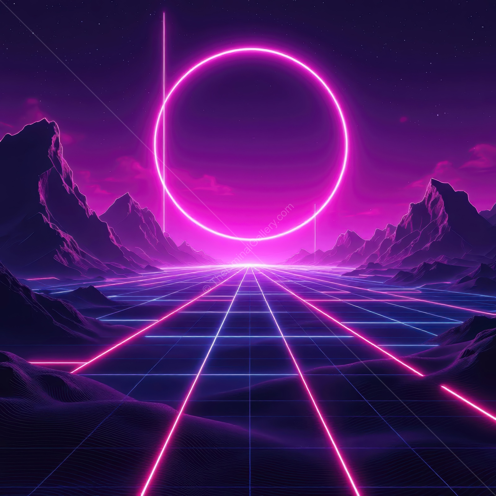 Futuristic landscape with neon lights illuminating mountain terrain at twilight