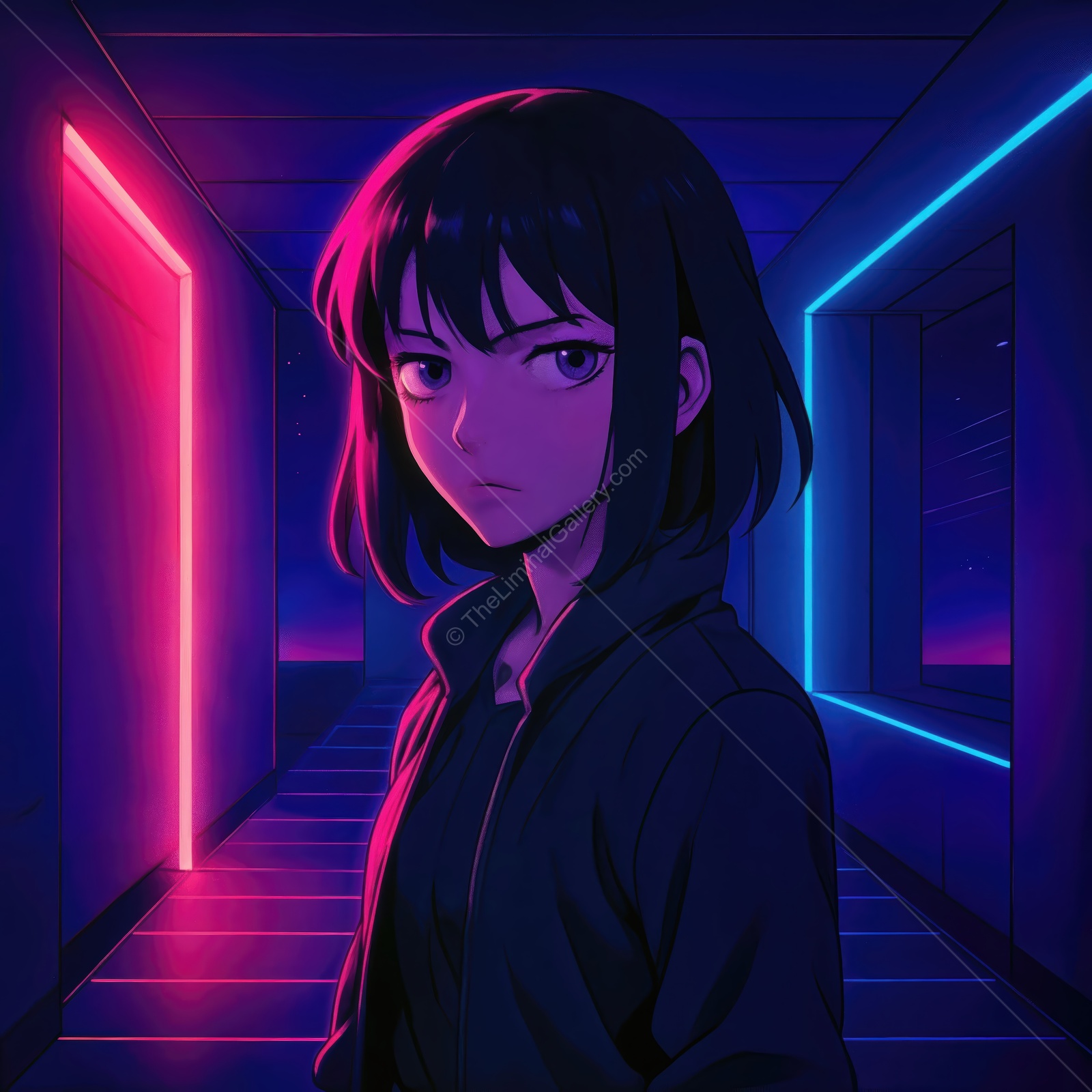 Vivid neon hallway sets a mysterious atmosphere around a focused girl in an urban night scene