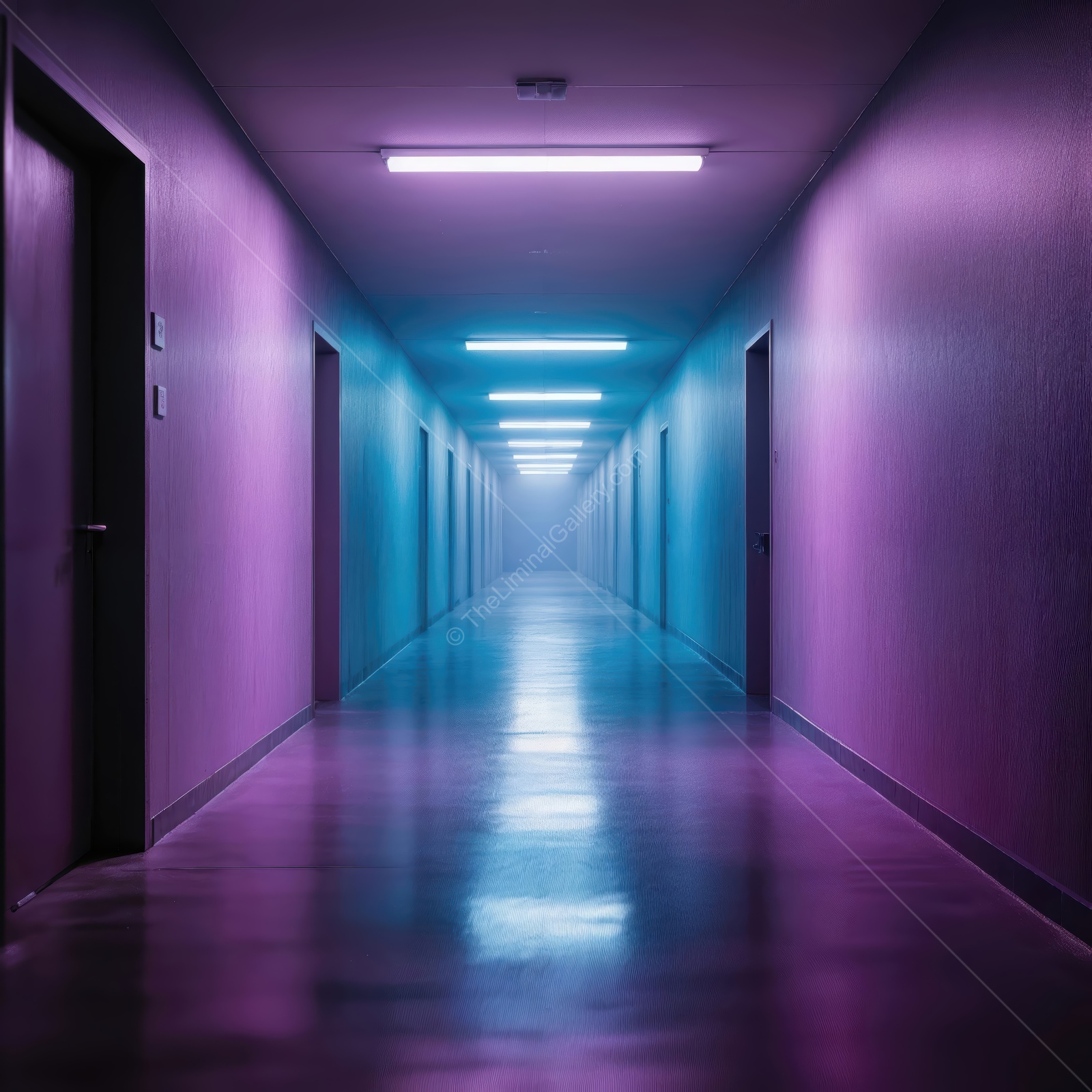 Mysterious neon-lit hallway creating an eerie atmosphere at night in a modern building
