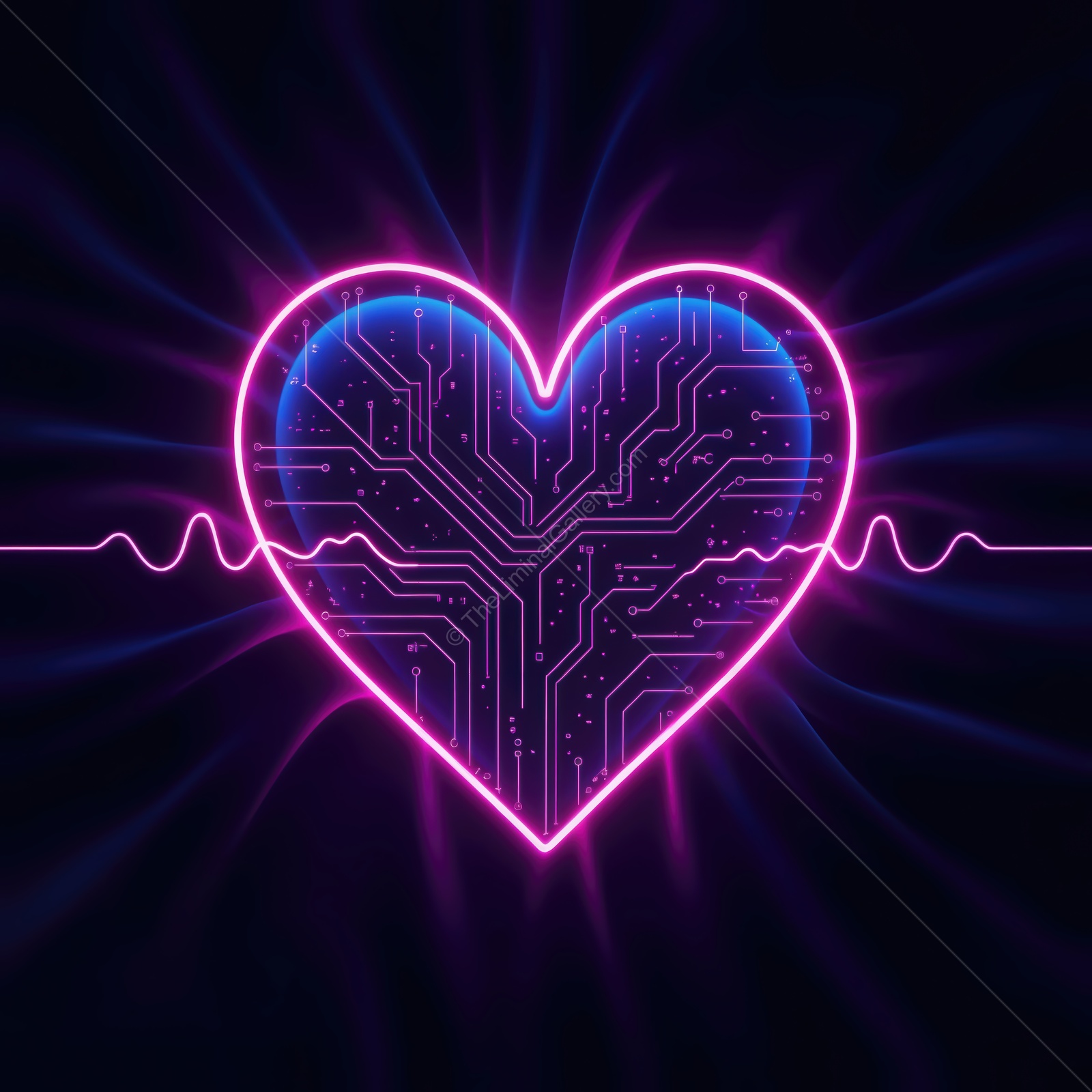 Heart-shaped design featuring glowing circuit patterns with a pulse line against a dark background in a futuristic style