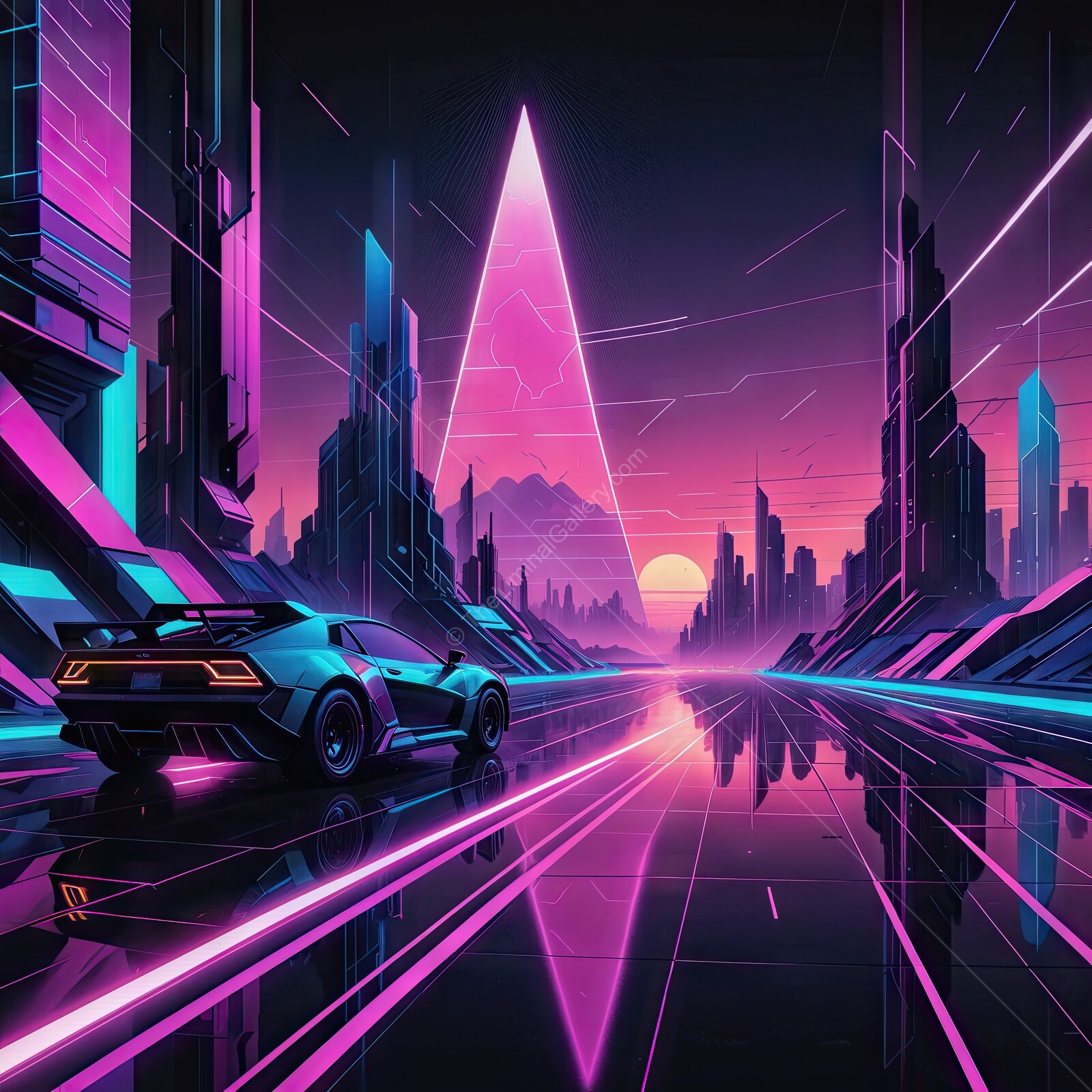 Neon synthwave reflections on a futuristic highway echo the essence of a vibrant sunset