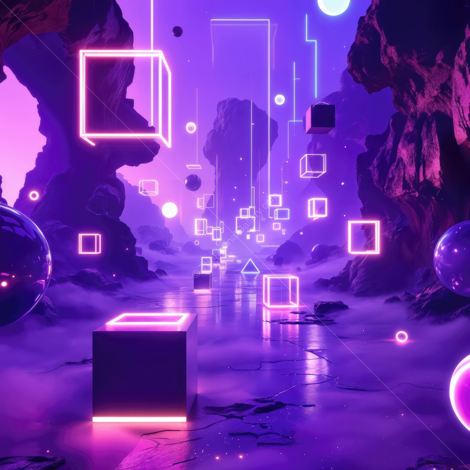 Mysterious neon landscape filled with floating shapes and serene reflections at twilight