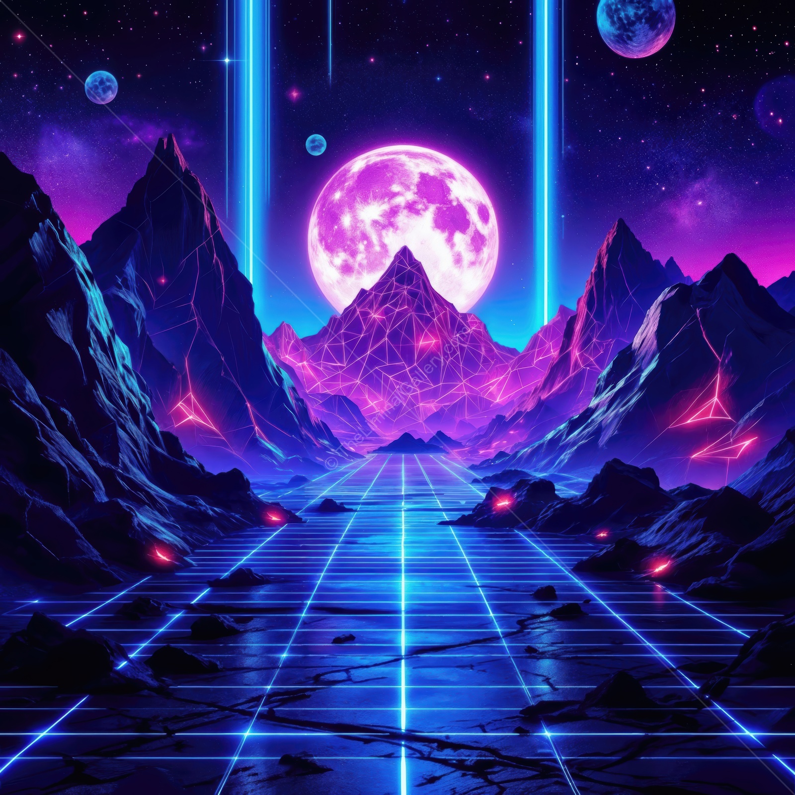 Vibrant neon landscape under a full moon with futuristic elements and cosmic vibes