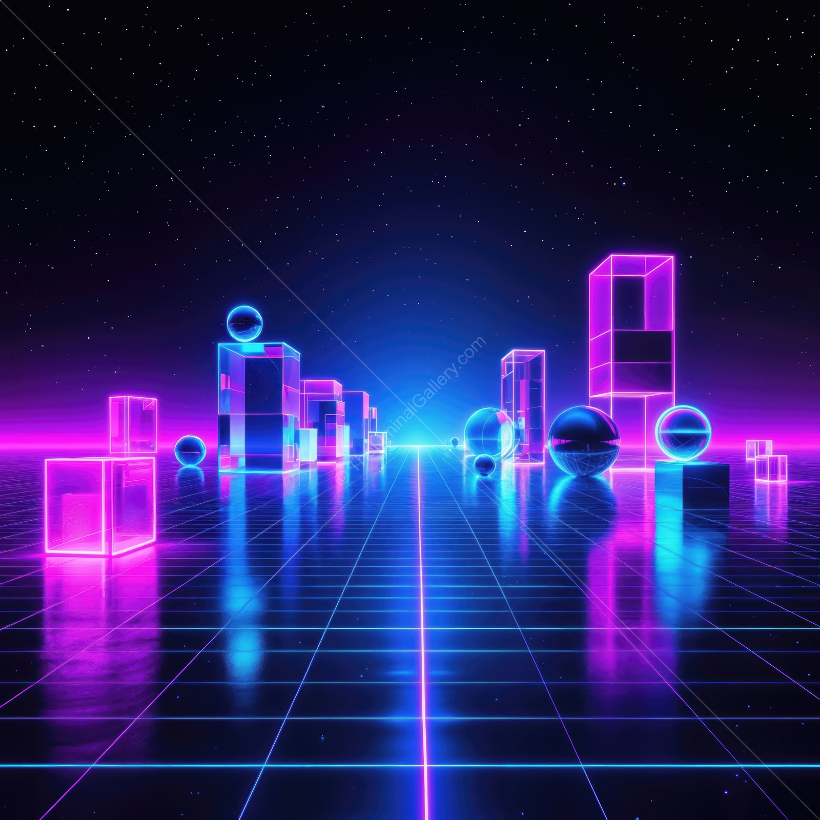 Vibrant neon landscape with geometric shapes and glowing reflections on a futuristic horizon