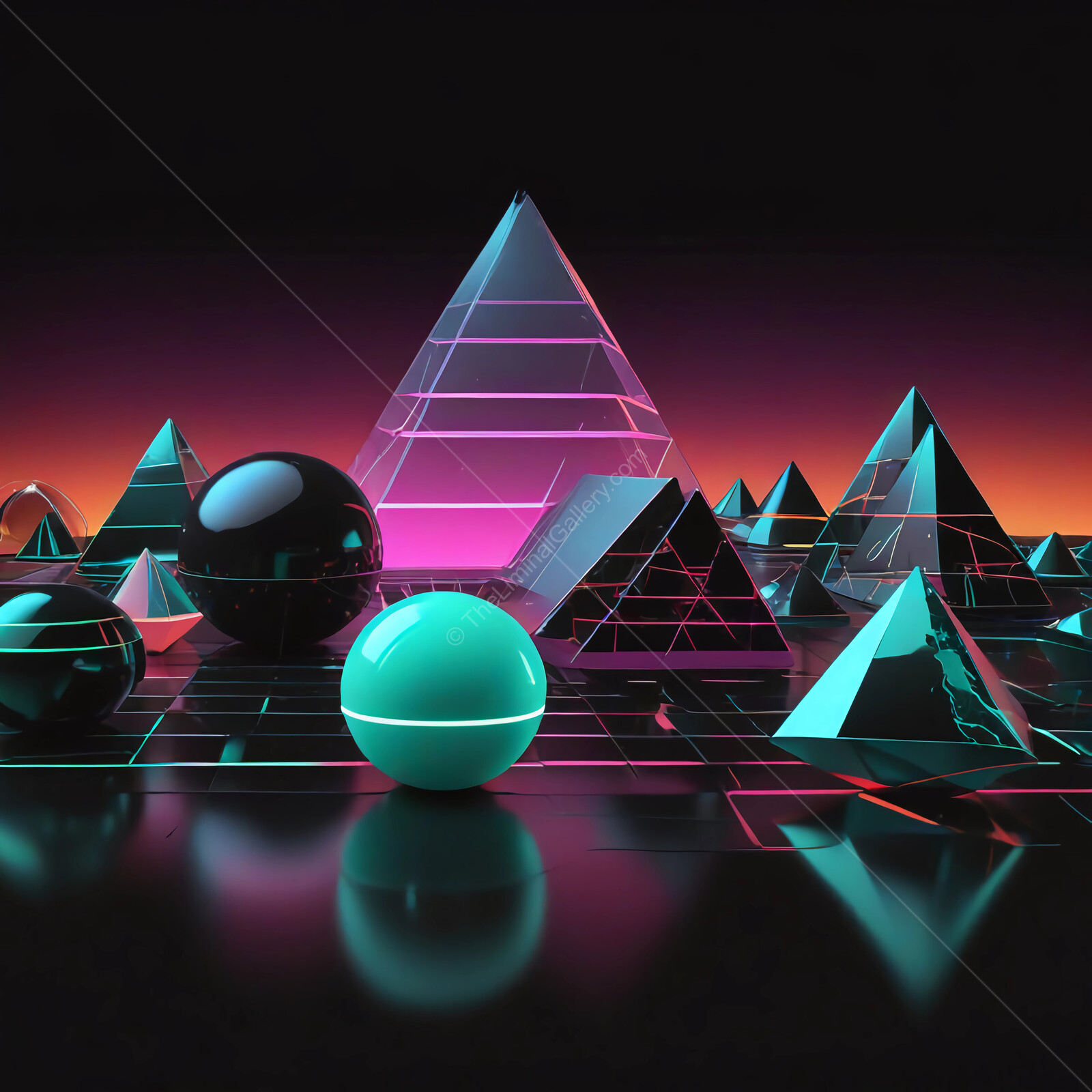 Vibrant geometric synthwave landscape with neon lights and reflections at dusk