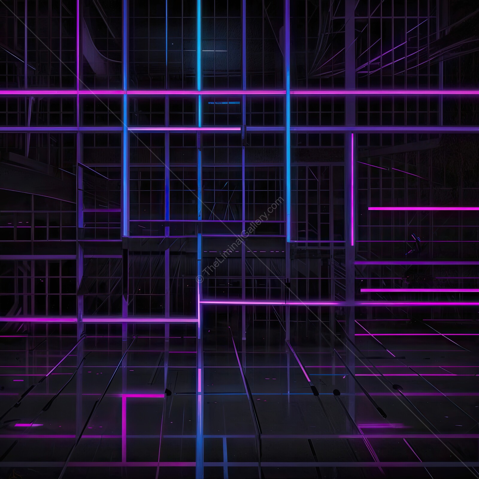 Vibrant 80s neon lines intersect in a futuristic digital landscape bathed in purple and blue hues