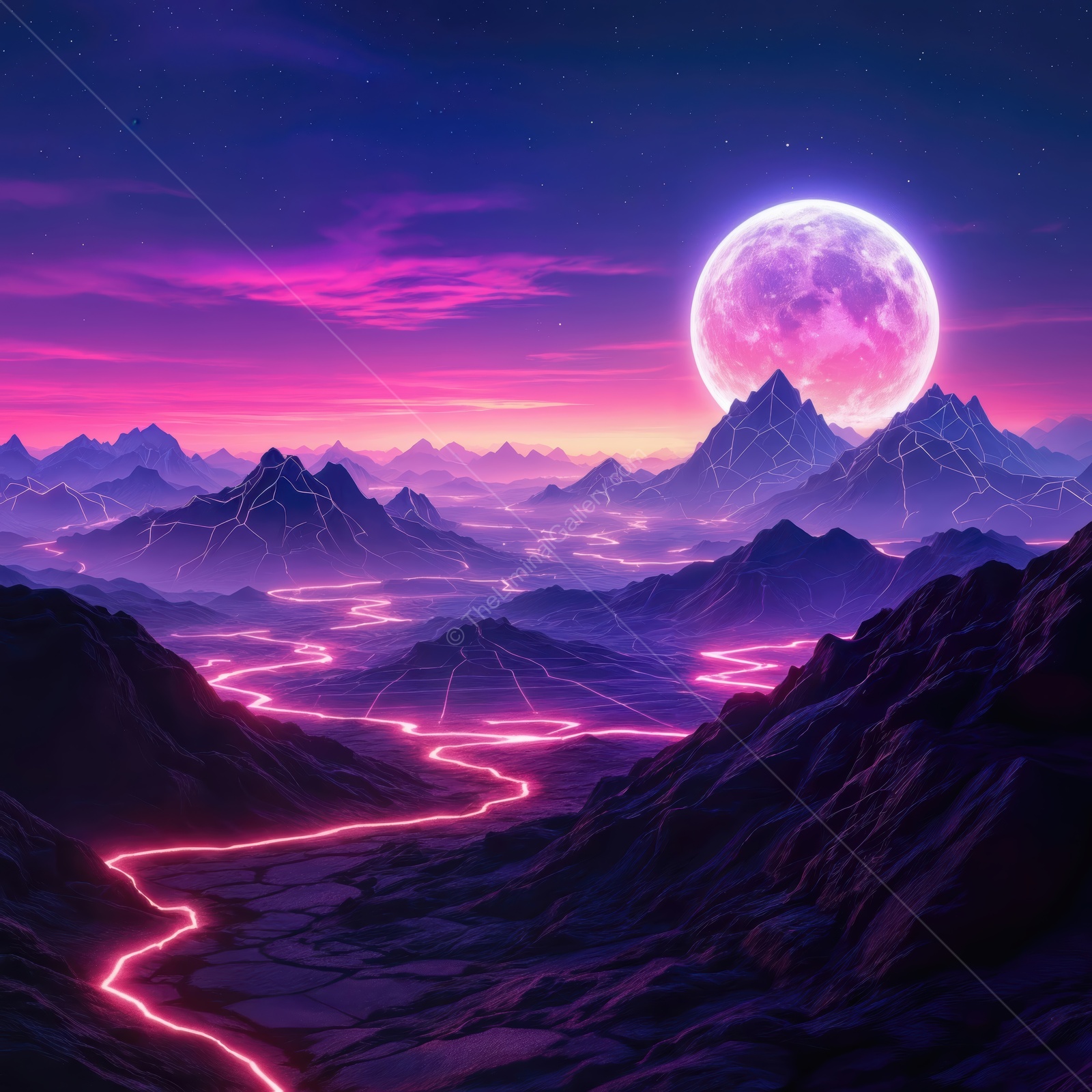 Vivid neon landscape under a glowing moon with flowing lava and majestic mountains