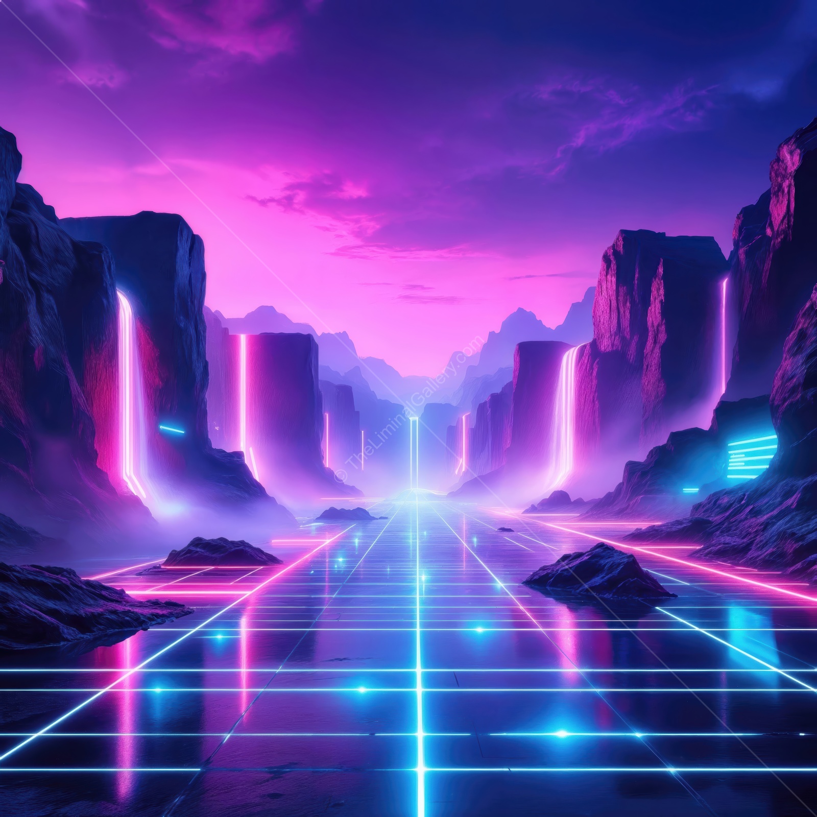 Futuristic landscape with glowing neon lights in a vibrant purple sky at dusk