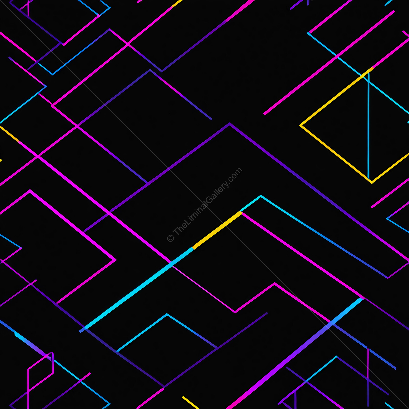 Vibrant 80s neon geometric lines create an abstract composition on a dark background