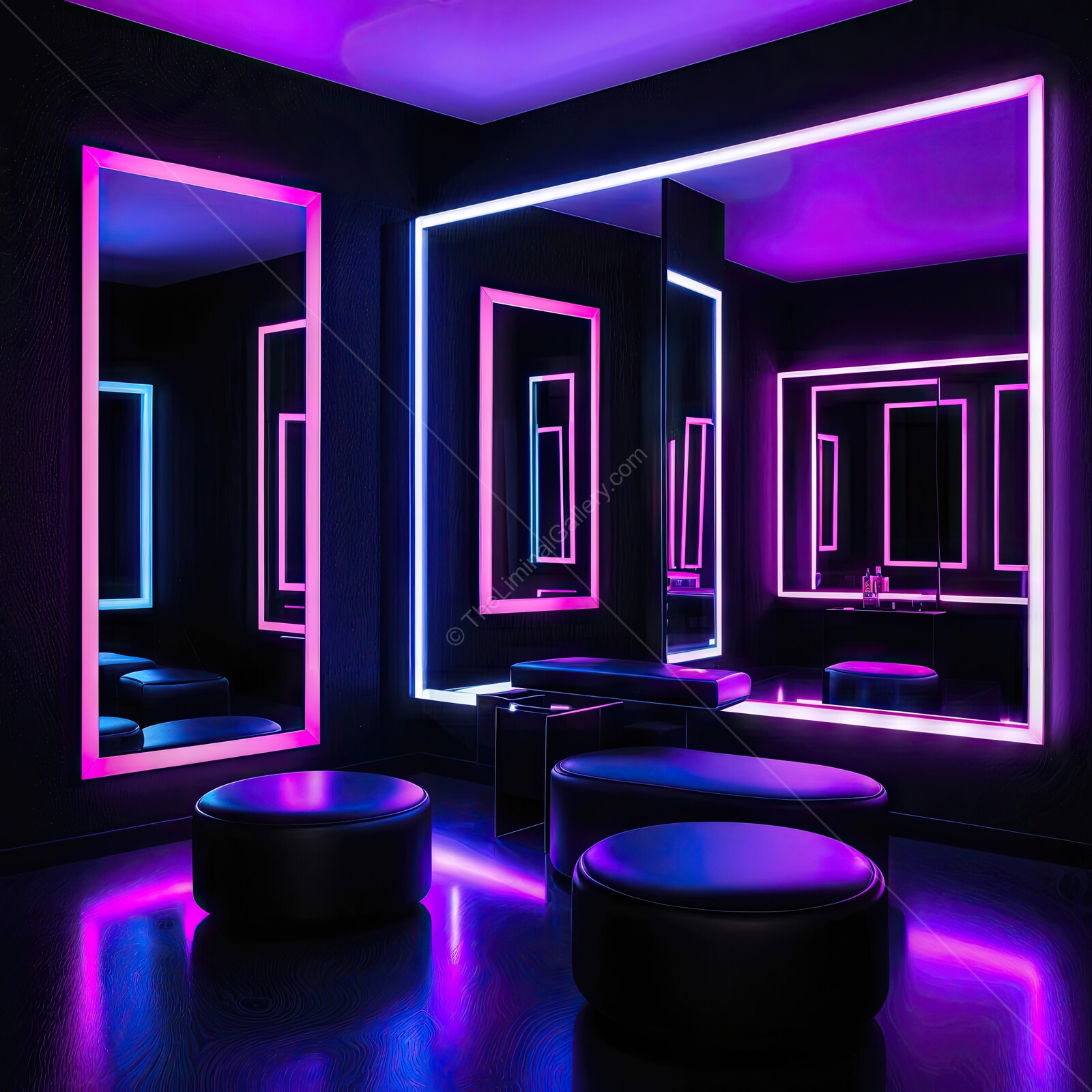 Neon-lit interior with glowing mirrors and stylish seating inviting a vibrant atmosphere for social gatherings