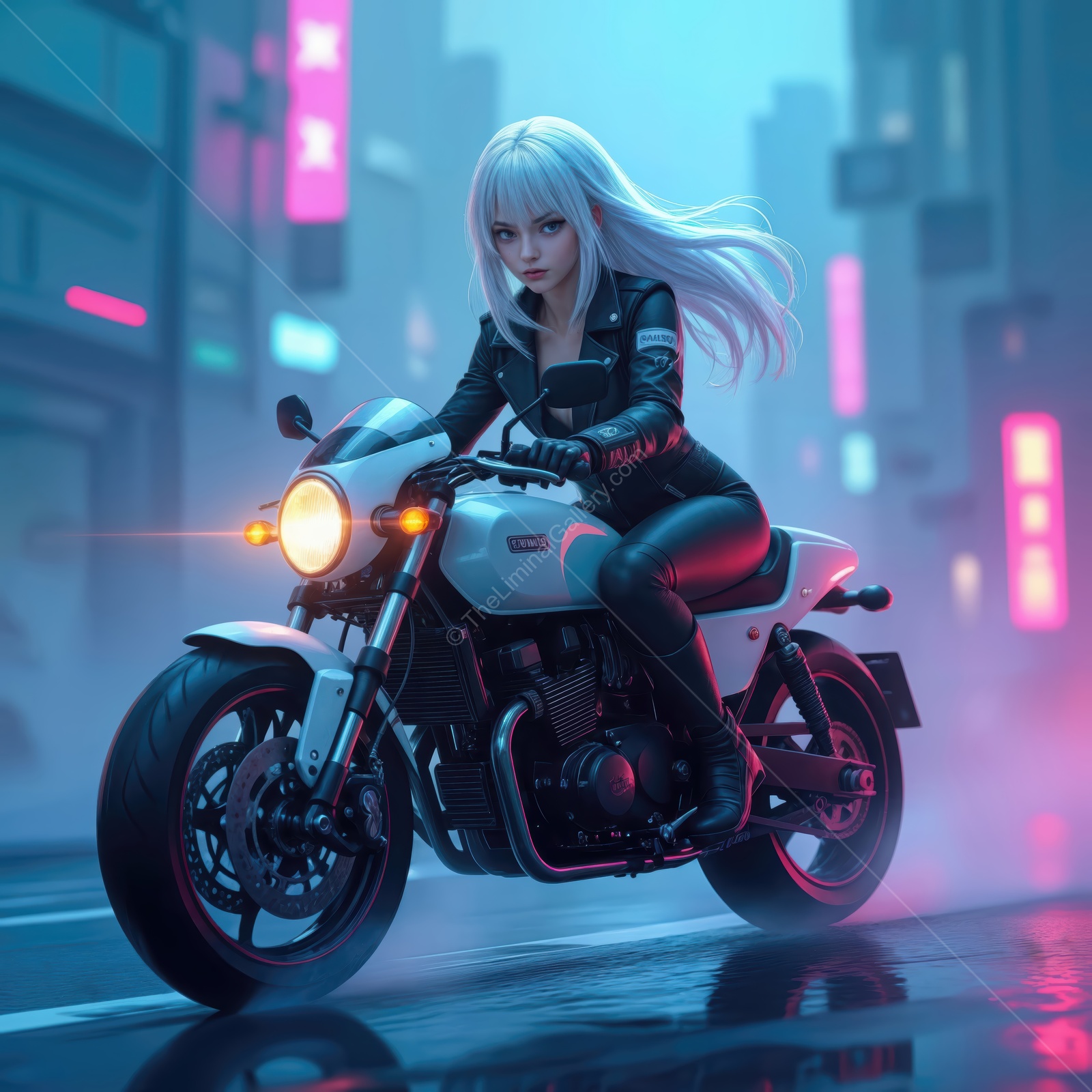 Rider in neon lights cruising through a futuristic cityscape at night