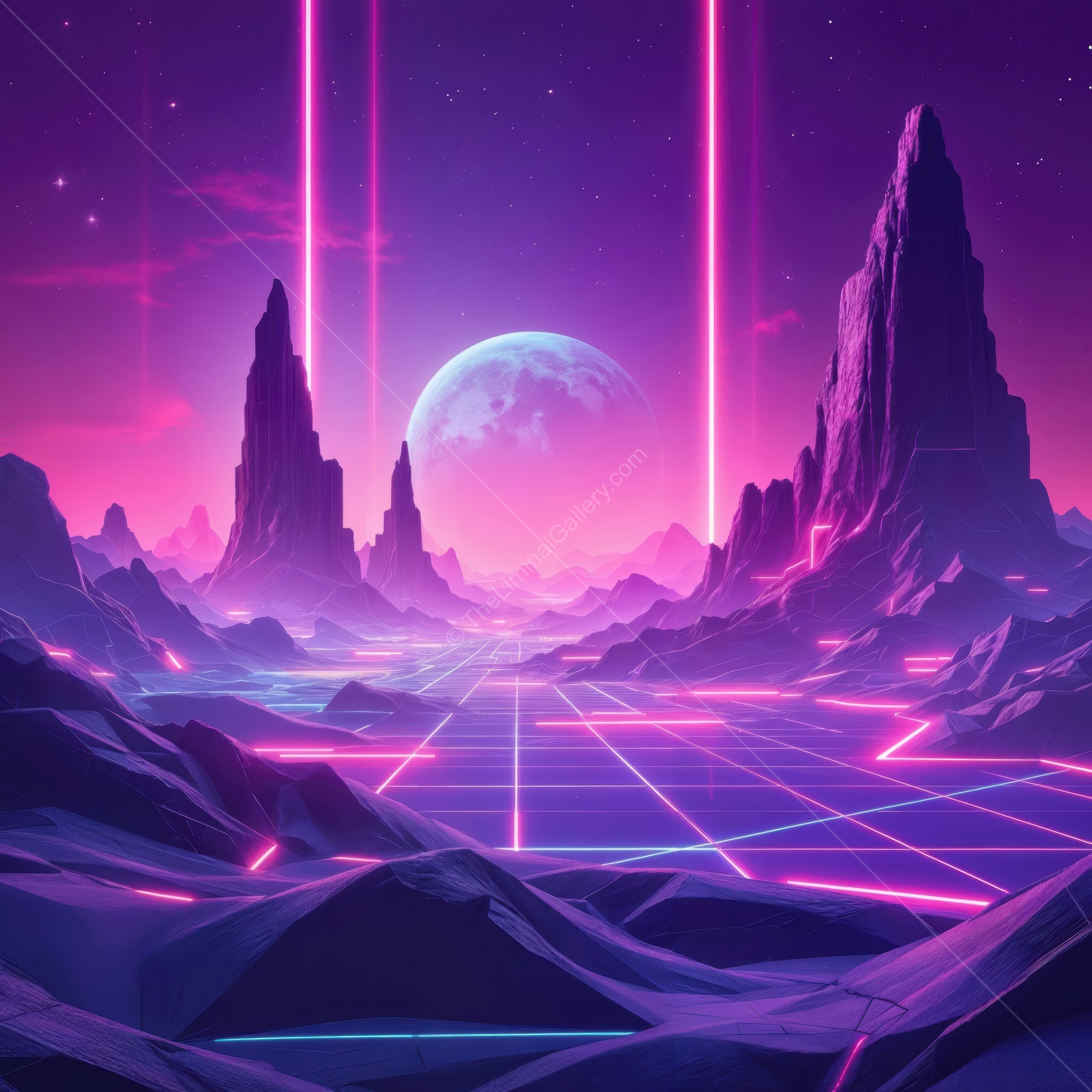 Vibrant futuristic landscape with neon lights and majestic mountains under a purple sky at dusk