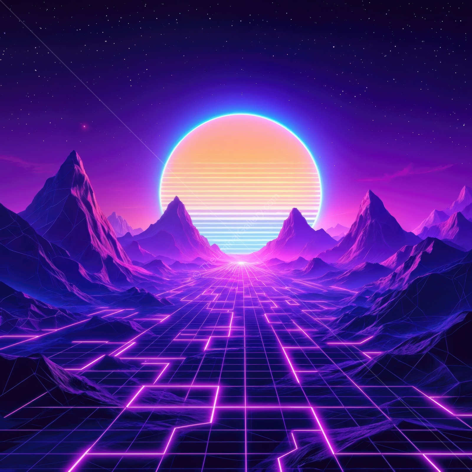Vibrant neon landscape with glowing mountains and retro futuristic horizon at dusk
