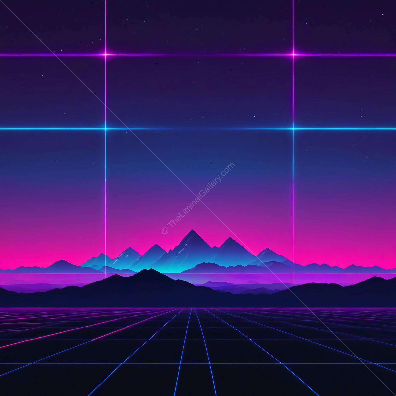 Neon synthwave mountains basking in the twilight glow of a virtual landscape filled with vibrant hues and starry skies