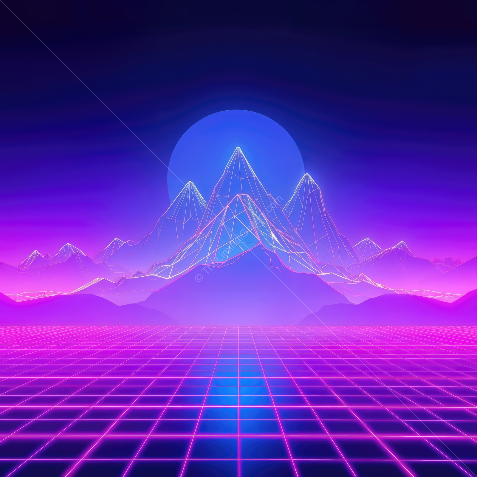 Vibrant neon mountains against a twilight sky with grid pattern in the foreground