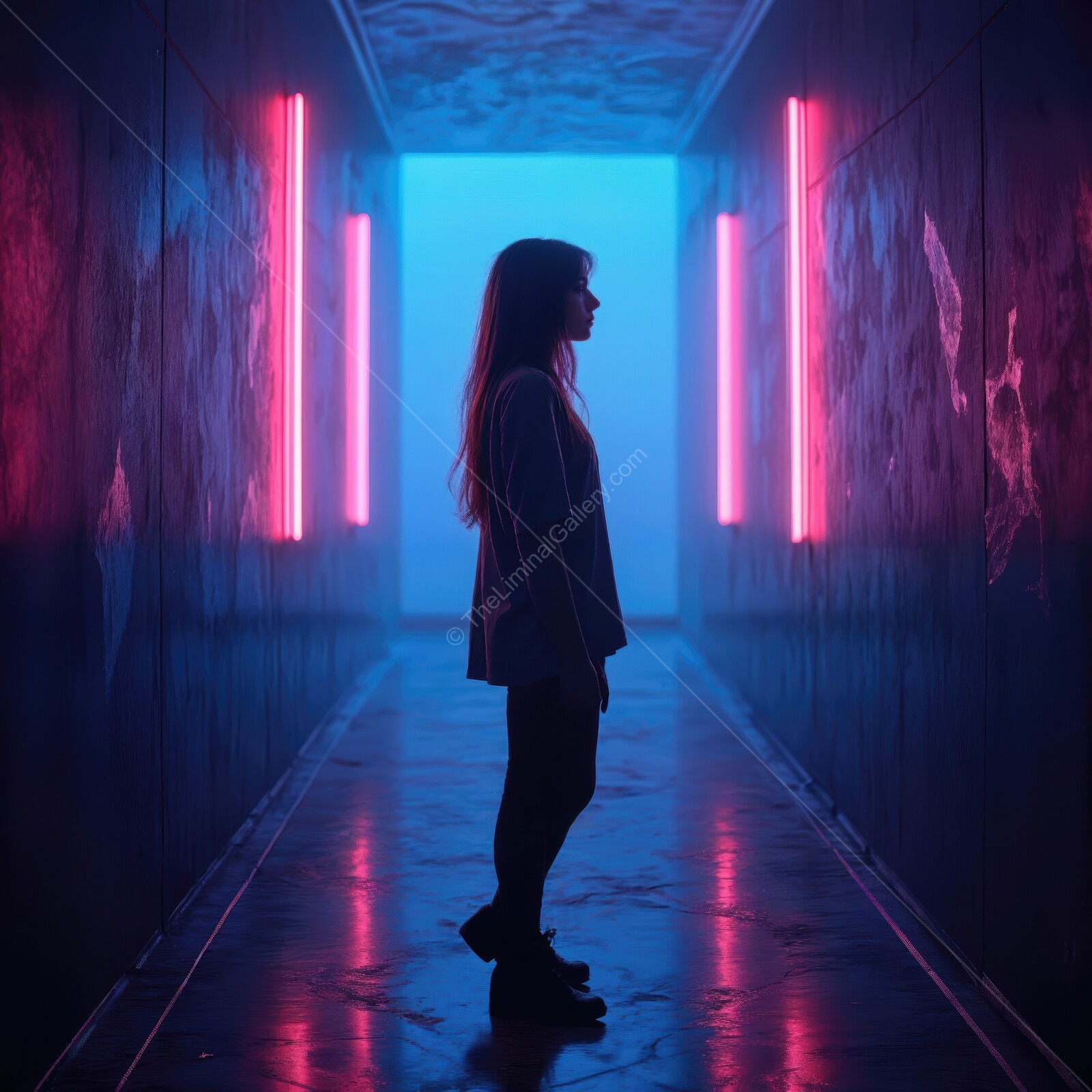 Exploring a mysterious neon-lit corridor at dusk, illuminated by vibrant pink and blue hues